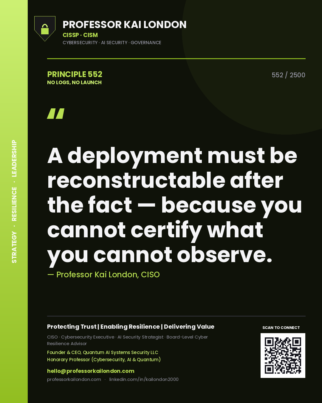 Professor Kai London principle 552: A deployment must be reconstructable after the fact — because you cannot certify what you cannot observe.