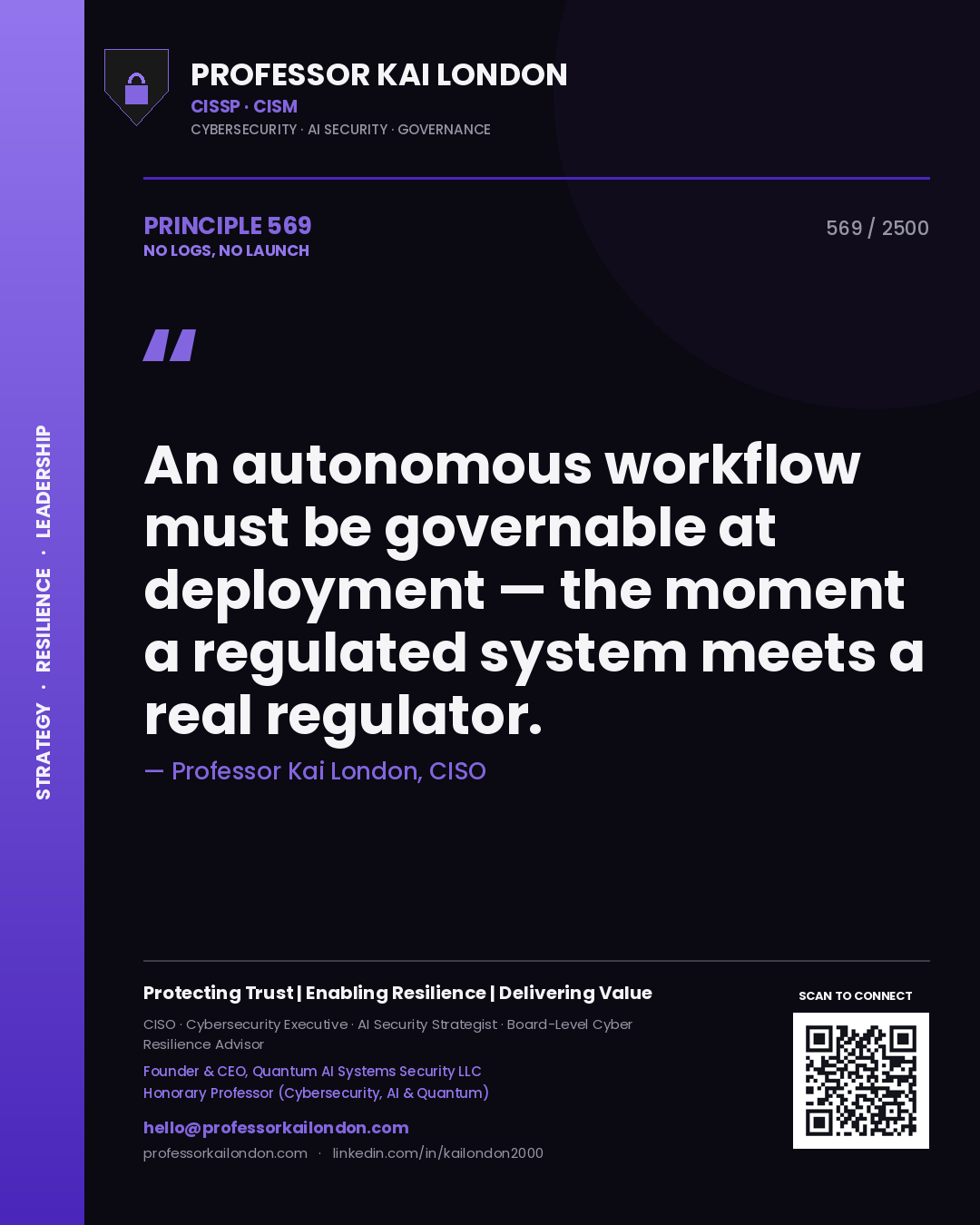 Professor Kai London principle 569: An autonomous workflow must be governable at deployment — the moment a regulated system meets a real regulator.