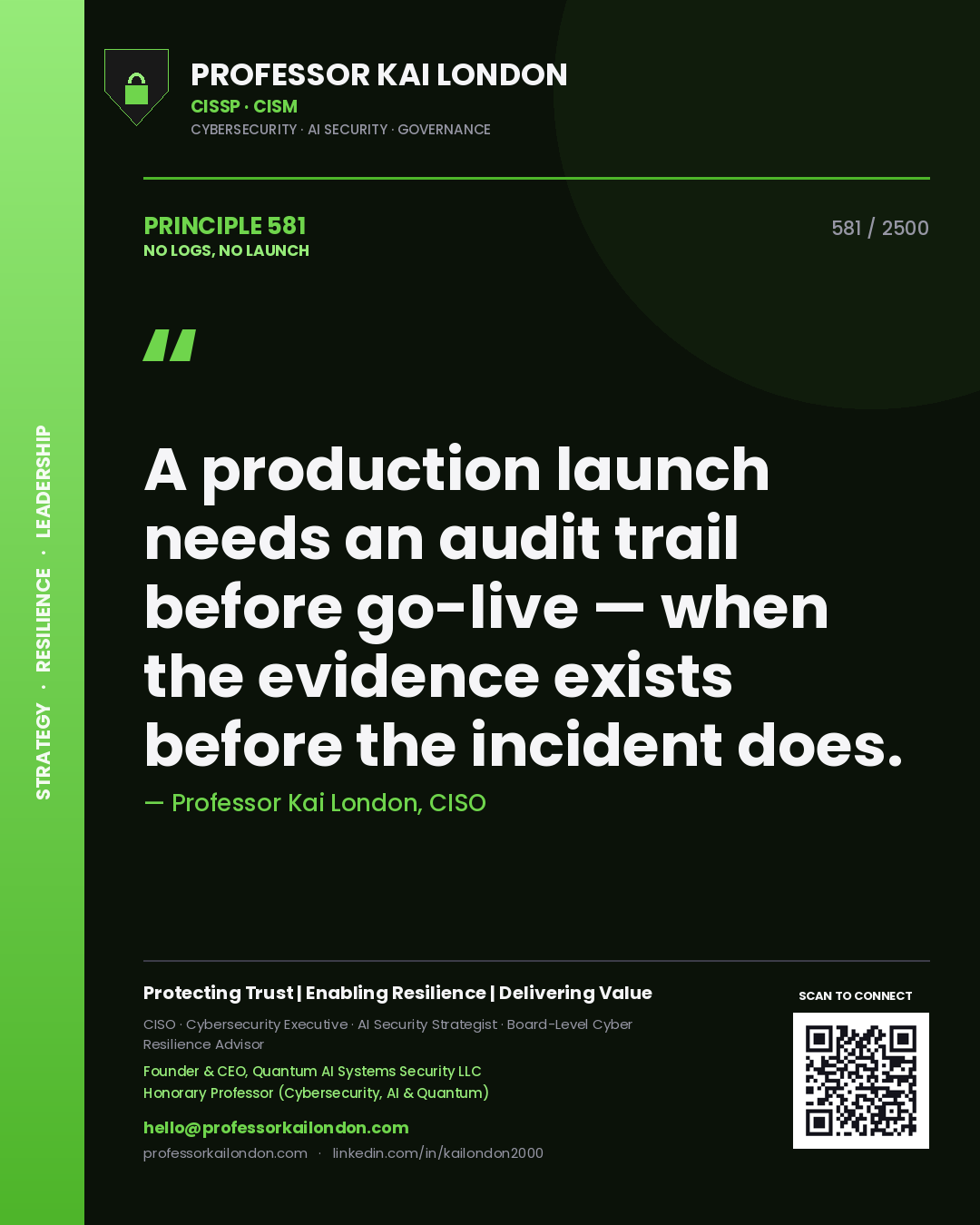 Professor Kai London principle 581: A production launch needs an audit trail before go-live — when the evidence exists before the incident does.