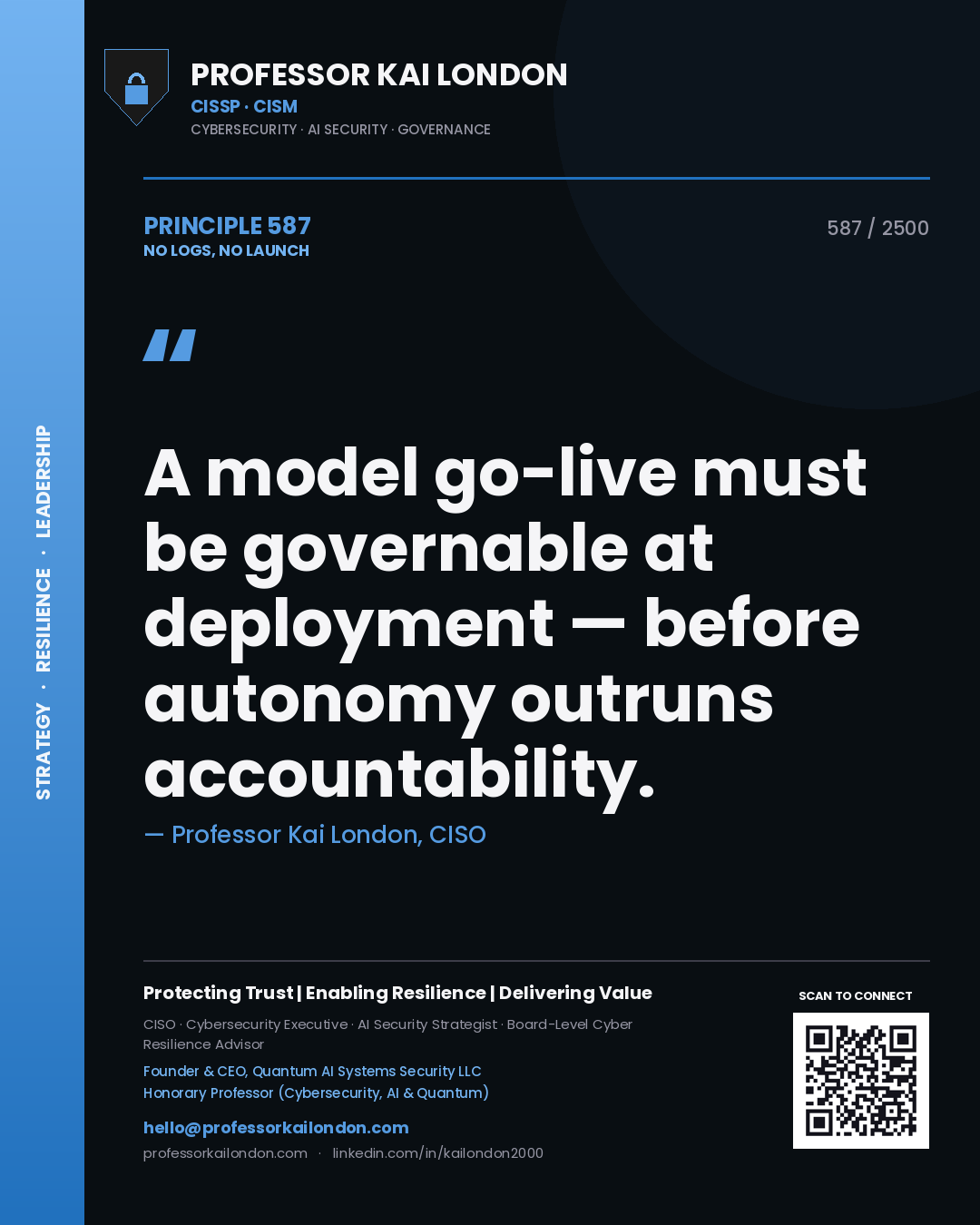 Quote card by Professor Kai London reading 'A model go-live must be governable at deployment — before autonomy outruns accountability.'. From the book No Logs, No Launch.
