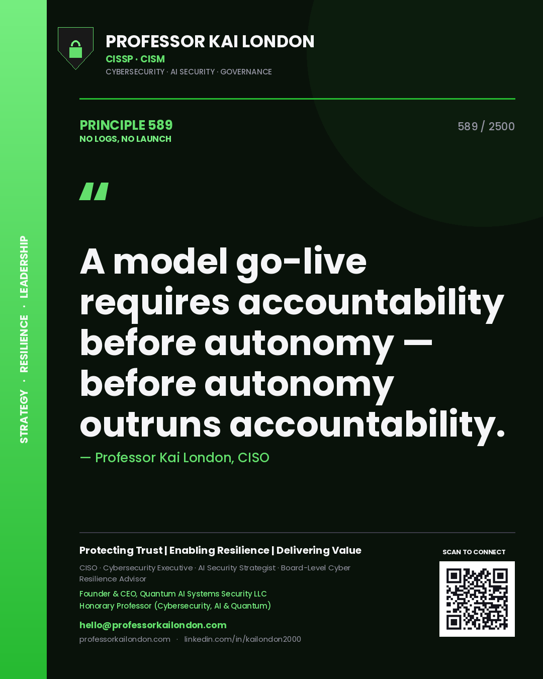 Professor Kai London principle 589: A model go-live requires accountability before autonomy — before autonomy outruns accountability.