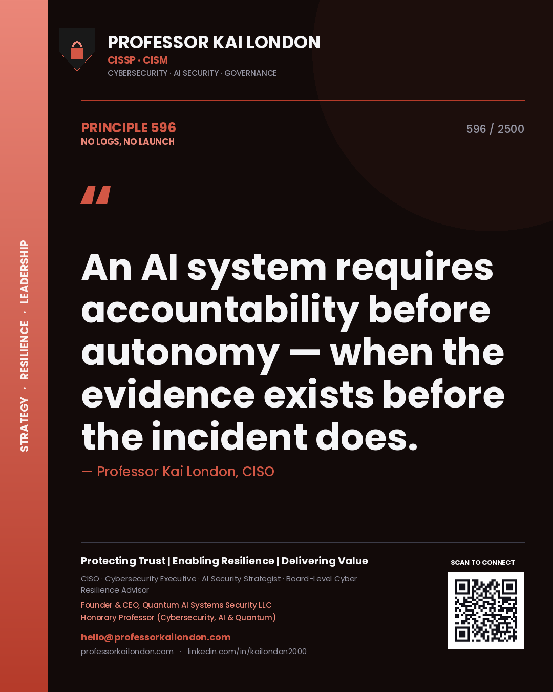 Professor Kai London principle 596: An AI system requires accountability before autonomy — when the evidence exists before the incident does.