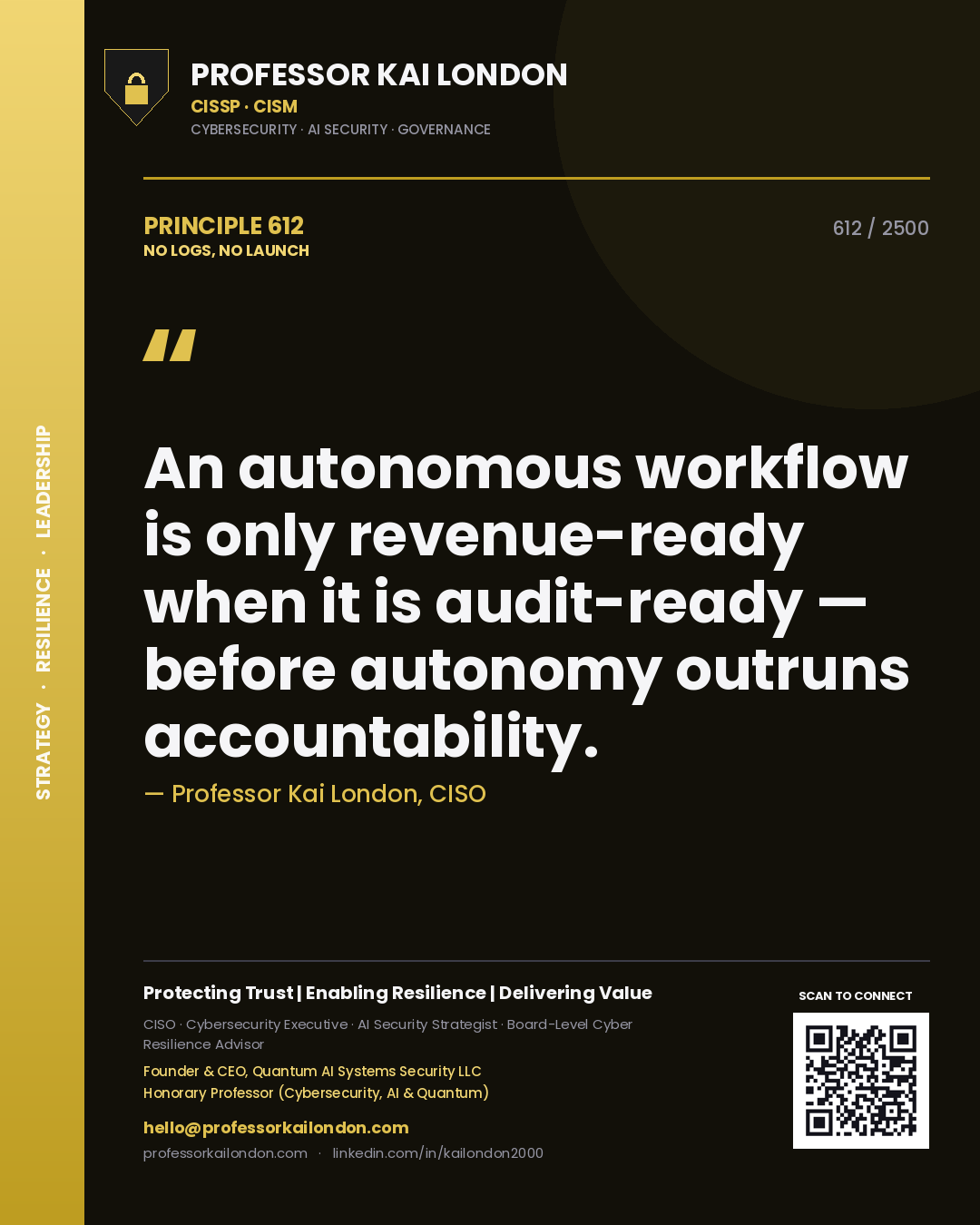 Professor Kai London principle 612: An autonomous workflow is only revenue-ready when it is audit-ready — before autonomy outruns accountability.