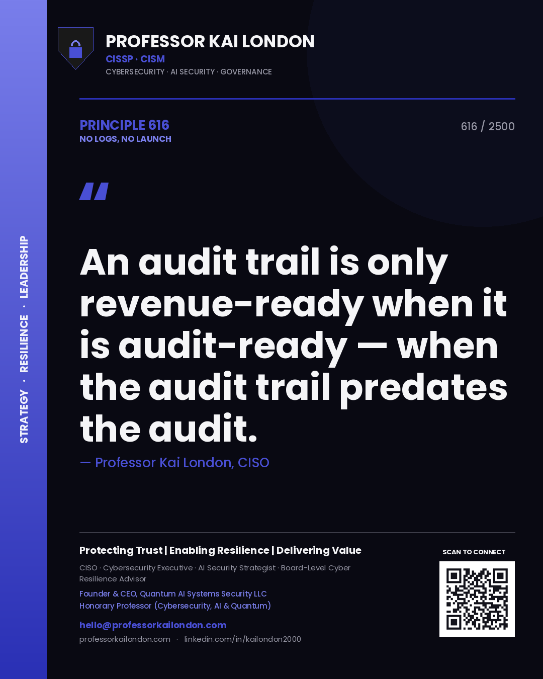 Professor Kai London principle 616: An audit trail is only revenue-ready when it is audit-ready — when the audit trail predates the audit.