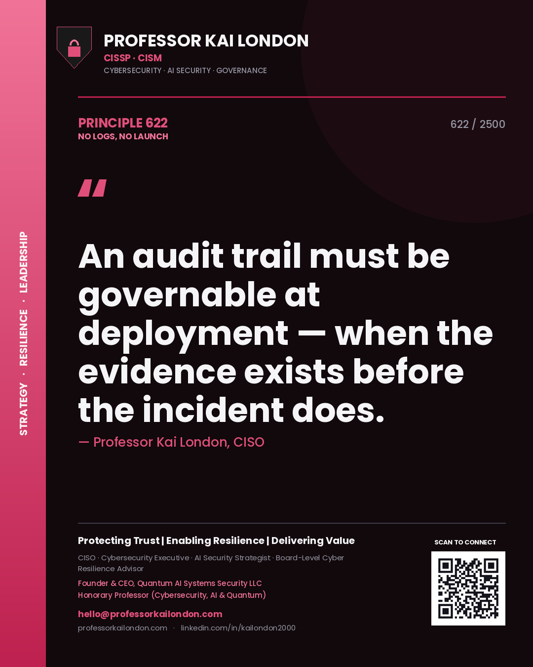 Quote card by Professor Kai London reading 'An audit trail must be governable at deployment — when the evidence exists before the incident does.'. From the book No Logs, No Launch.