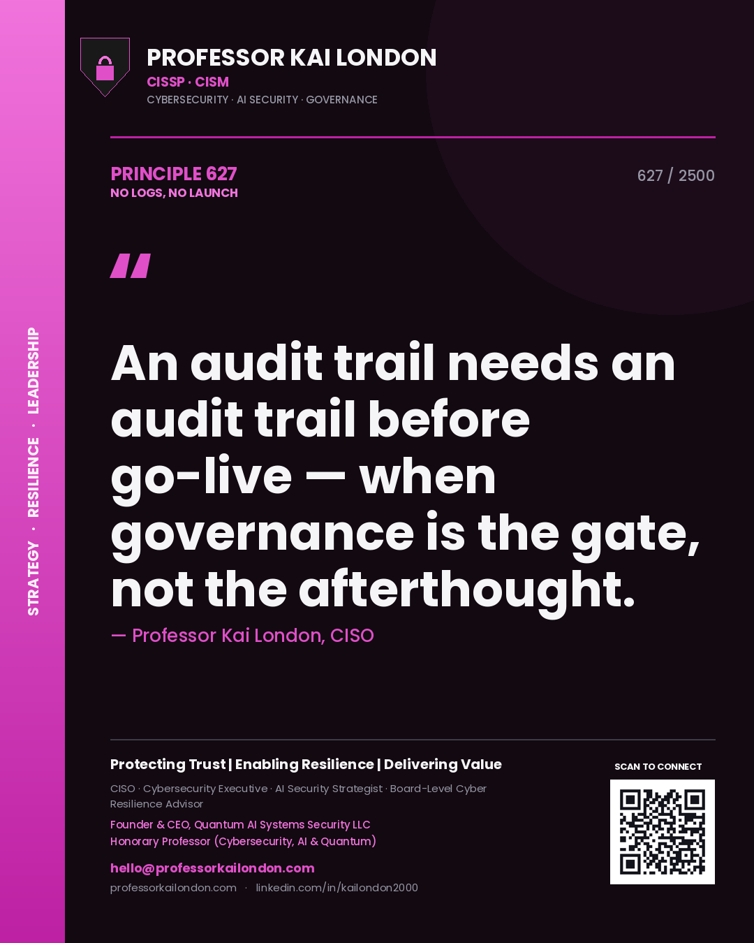 Professor Kai London principle 627: An audit trail needs an audit trail before go-live — when governance is the gate, not the afterthought.