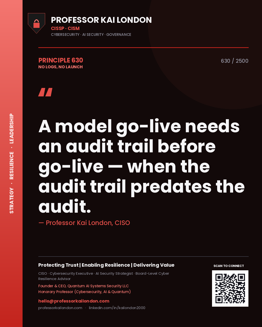 Quote card by Professor Kai London reading 'A model go-live needs an audit trail before go-live — when the audit trail predates the audit.'. From the book No Logs, No Launch.