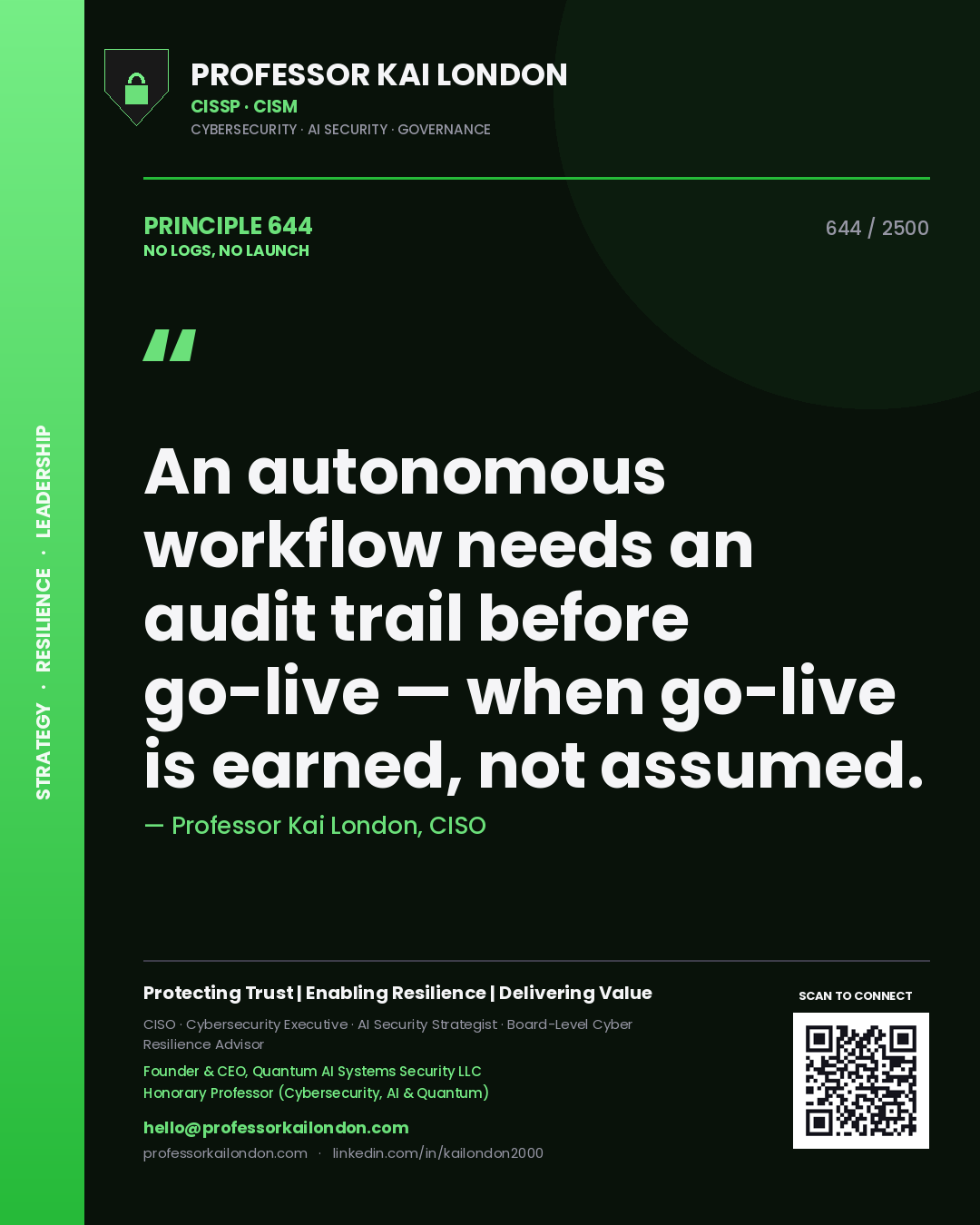 Professor Kai London principle 644: An autonomous workflow needs an audit trail before go-live — when go-live is earned, not assumed.