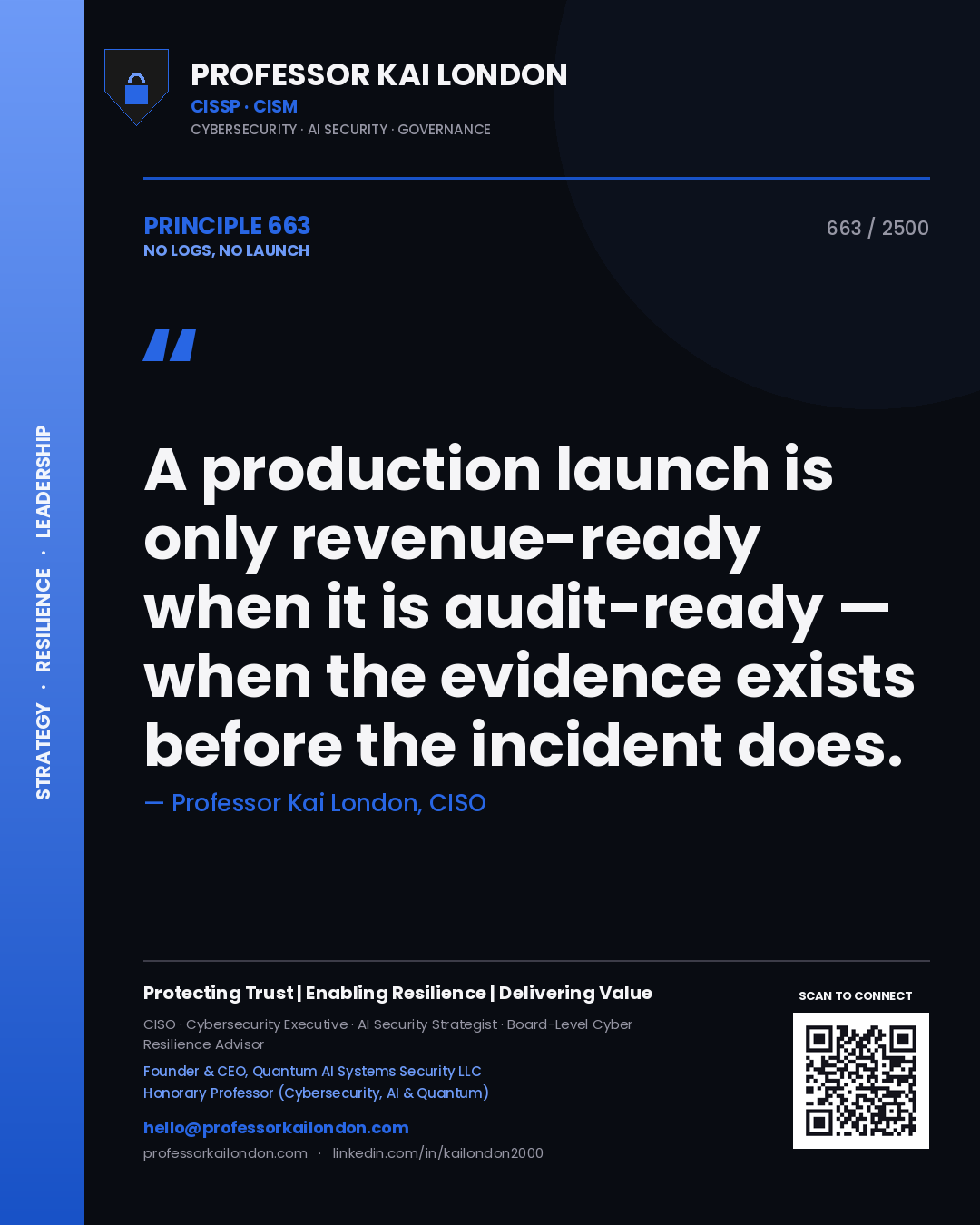 Professor Kai London principle 663: A production launch is only revenue-ready when it is audit-ready — when the evidence exists before the incident does.