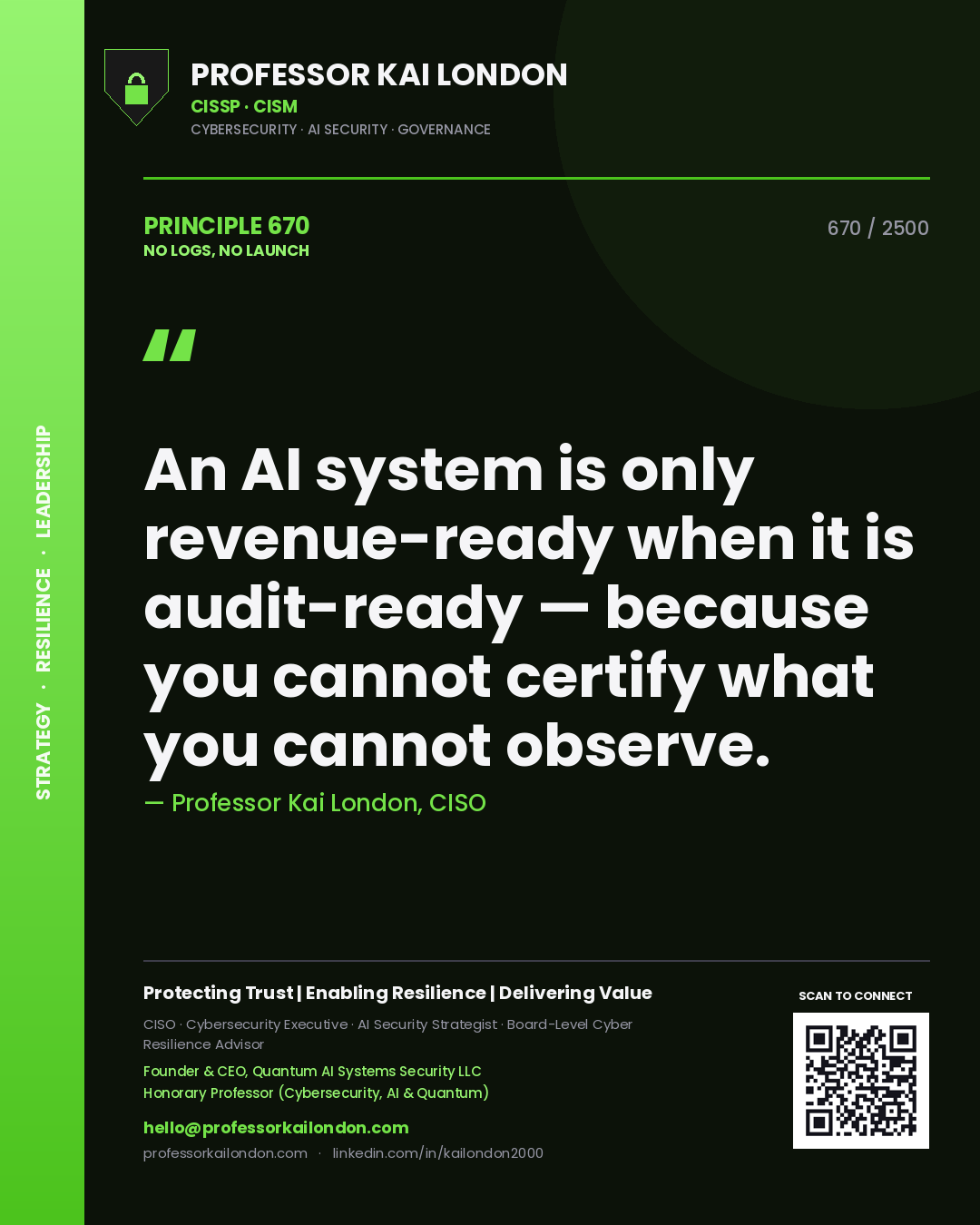 Professor Kai London principle 670: An AI system is only revenue-ready when it is audit-ready — because you cannot certify what you cannot observe.