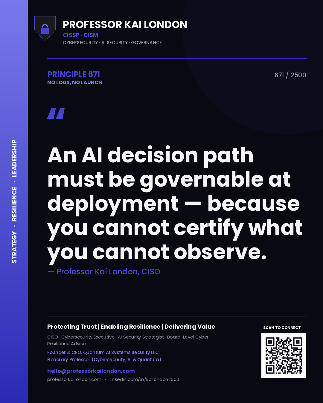 Professor Kai London principle 671: An AI decision path must be governable at deployment — because you cannot certify what you cannot observe.
