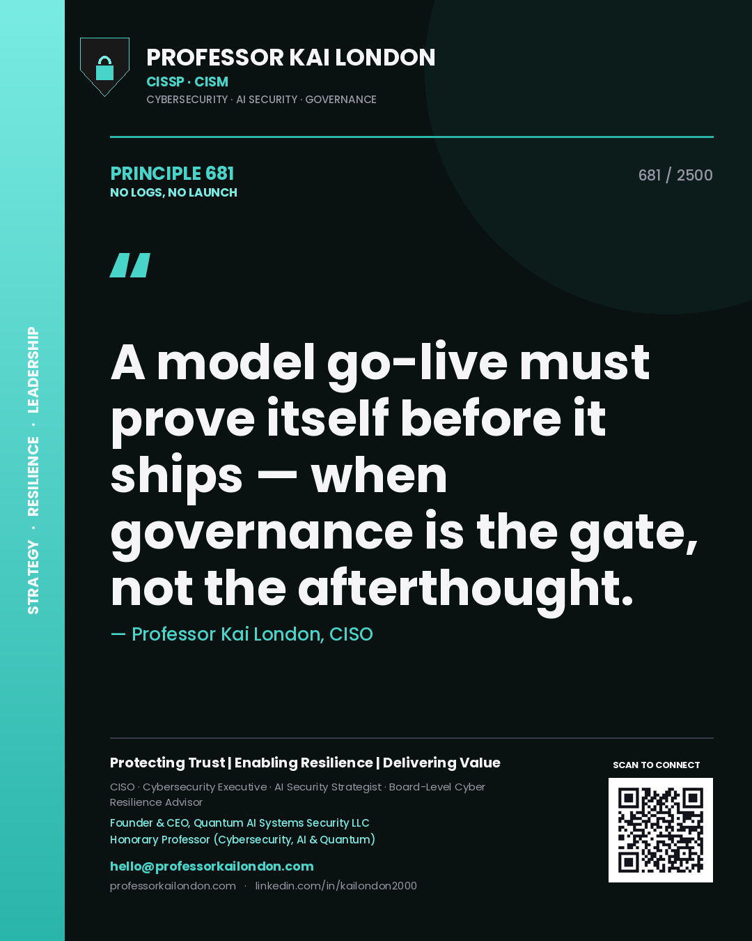Quote card by Professor Kai London reading 'A model go-live must prove itself before it ships — when governance is the gate, not the afterthought.'. From the book No Logs, No Launch.