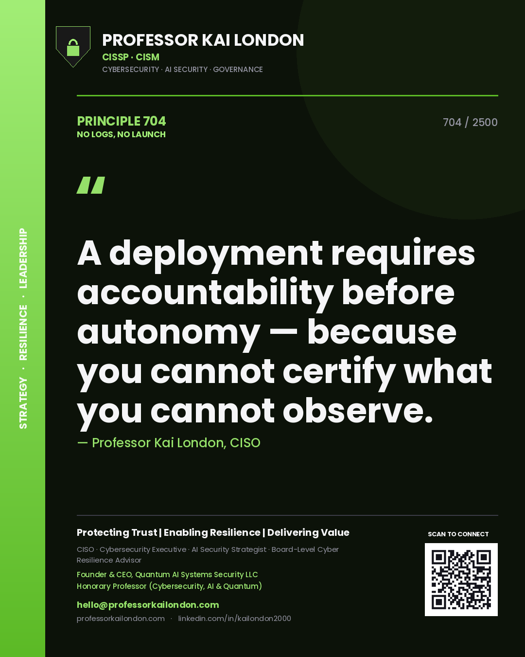 Professor Kai London principle 704: A deployment requires accountability before autonomy — because you cannot certify what you cannot observe.