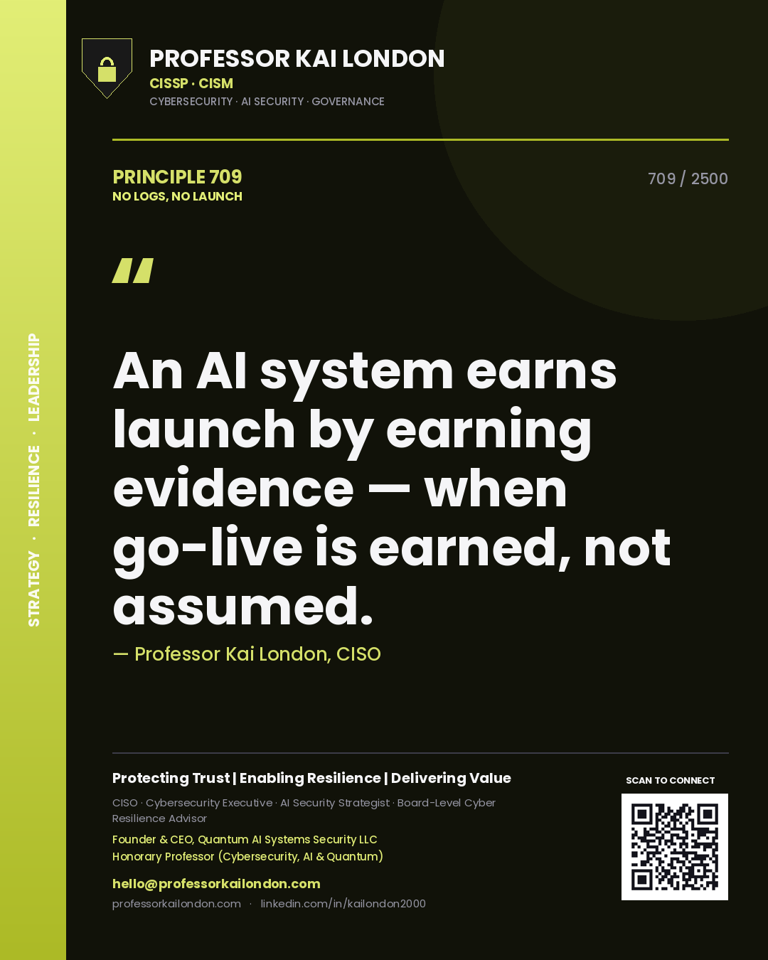 Professor Kai London principle 709: An AI system earns launch by earning evidence — when go-live is earned, not assumed.