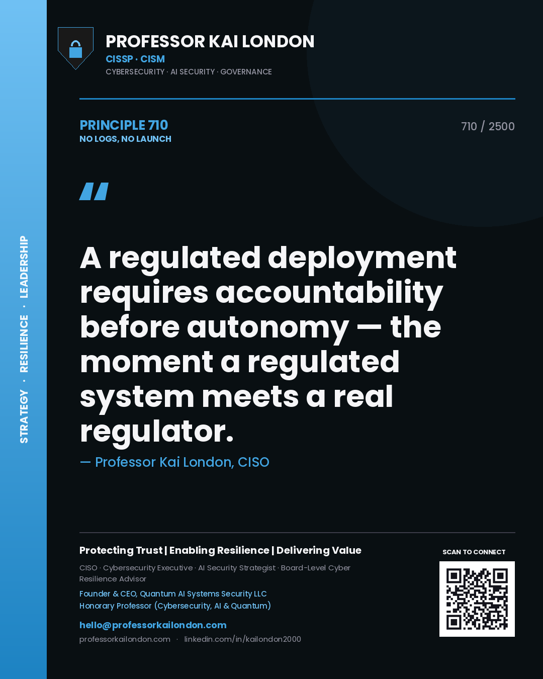 Quote card by Professor Kai London reading 'A regulated deployment requires accountability before autonomy — the moment a regulated system meets a real regulator.'. From the book No Logs, No Launch.