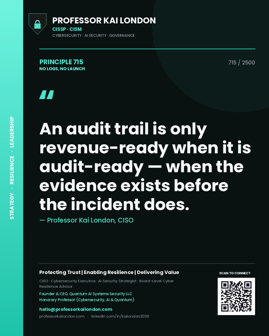 Professor Kai London principle 715: An audit trail is only revenue-ready when it is audit-ready — when the evidence exists before the incident does.
