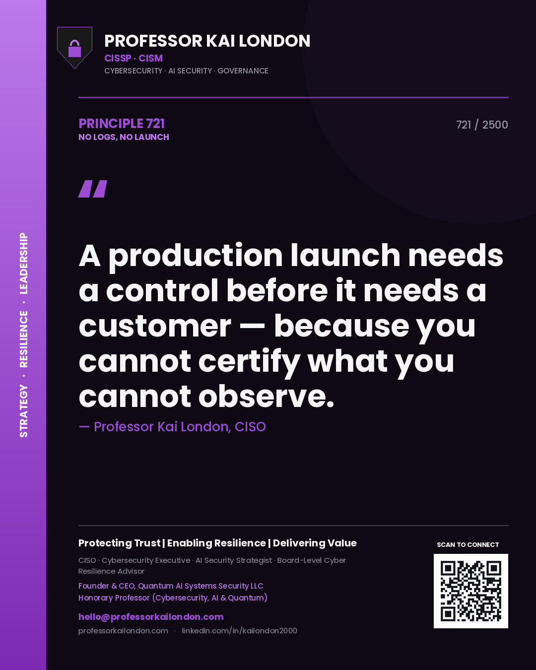 Professor Kai London principle 721: A production launch needs a control before it needs a customer — because you cannot certify what you cannot observe.
