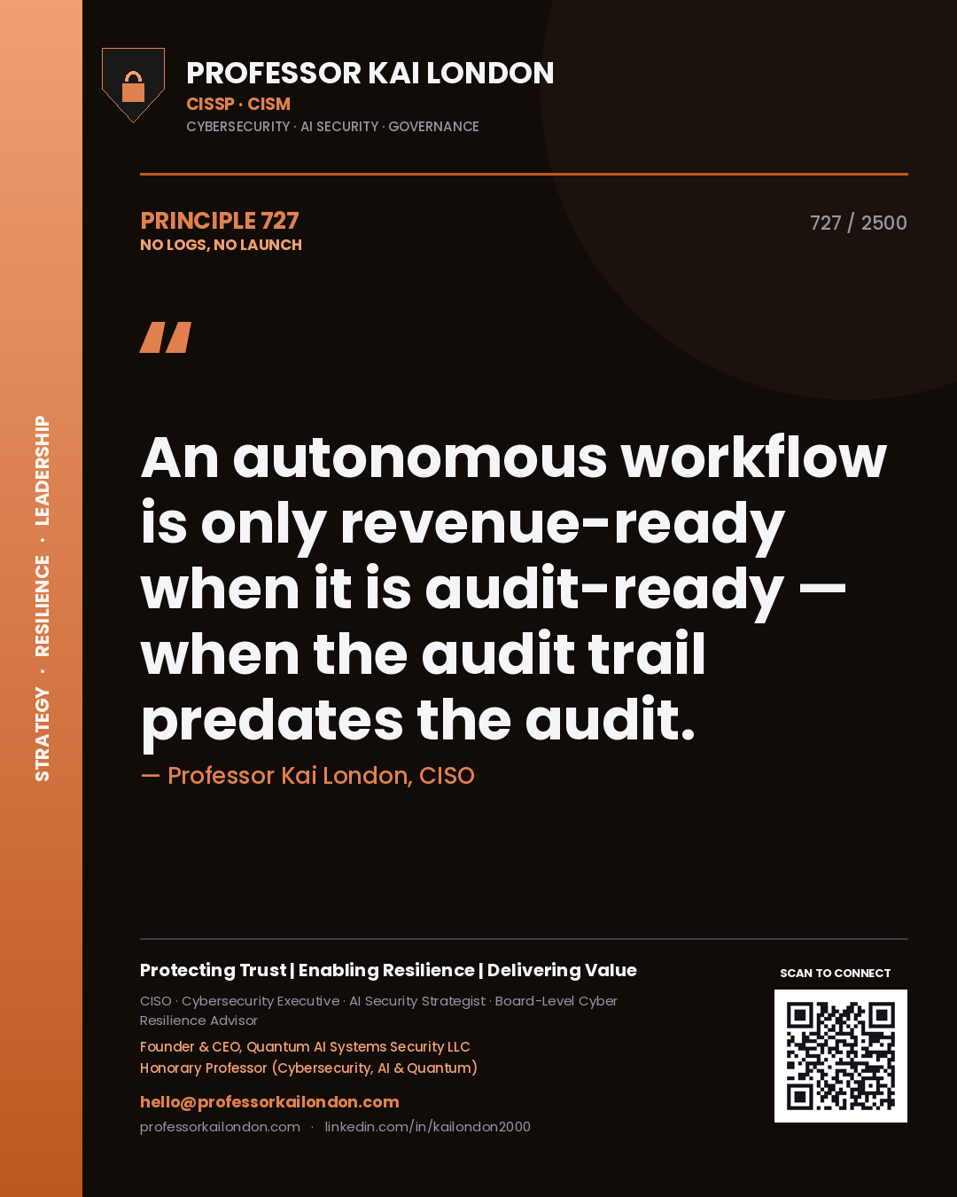 Professor Kai London principle 727: An autonomous workflow is only revenue-ready when it is audit-ready — when the audit trail predates the audit.