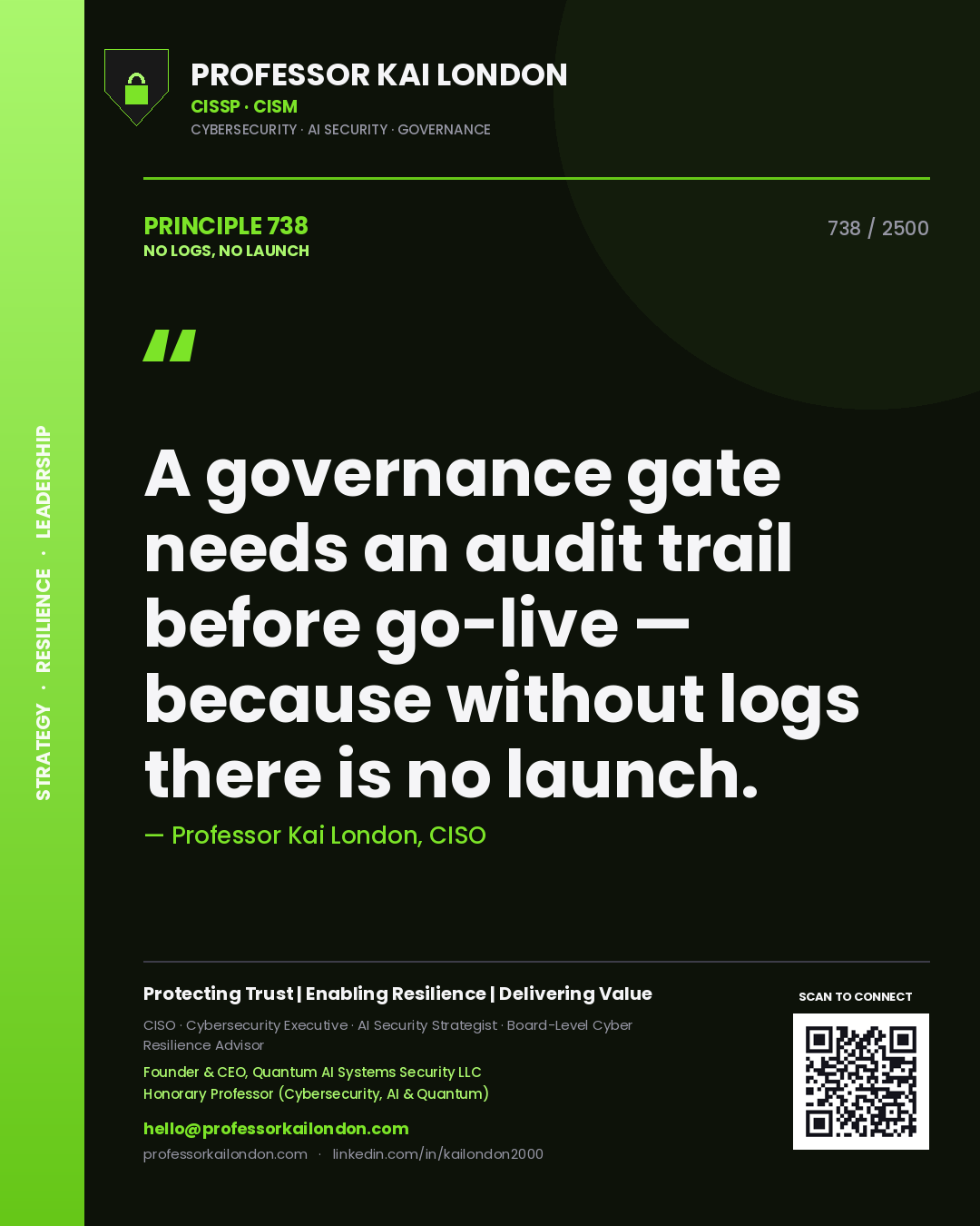 Quote card by Professor Kai London reading 'A governance gate needs an audit trail before go-live — because without logs there is no launch.'. From the book No Logs, No Launch.