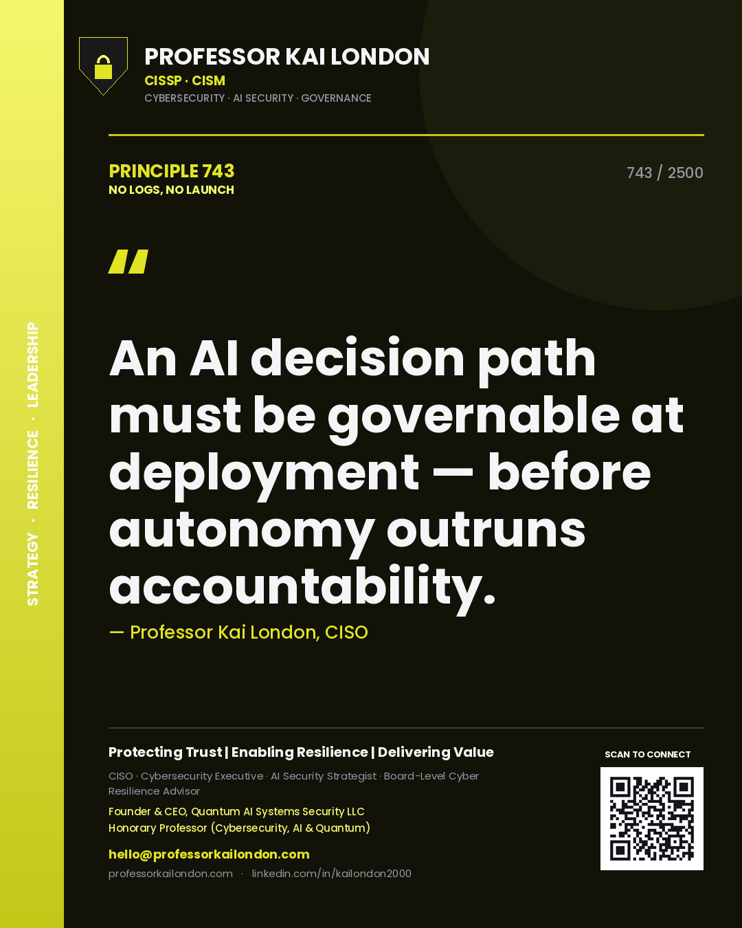 Professor Kai London principle 743: An AI decision path must be governable at deployment — before autonomy outruns accountability.