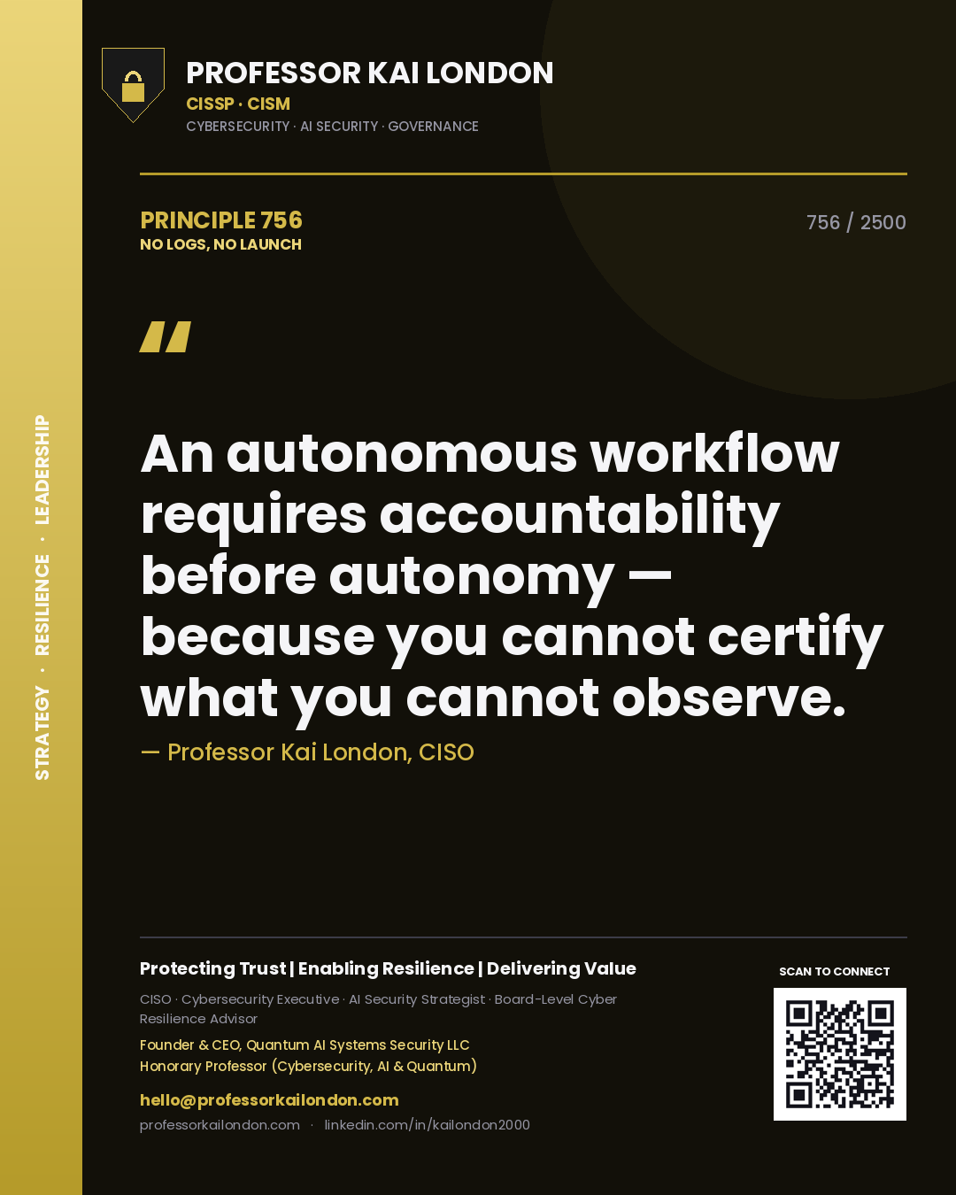 Professor Kai London principle 756: An autonomous workflow requires accountability before autonomy — because you cannot certify what you cannot observe.