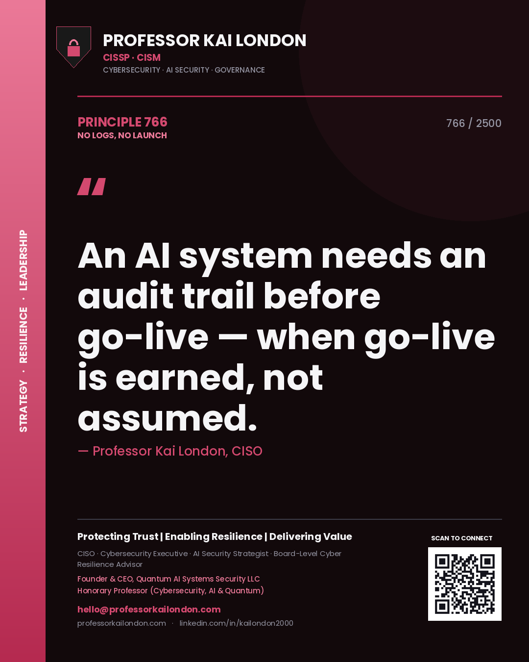 Professor Kai London principle 766: An AI system needs an audit trail before go-live — when go-live is earned, not assumed.