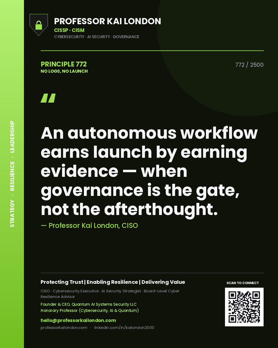 Quote card by Professor Kai London reading 'An autonomous workflow earns launch by earning evidence — when governance is the gate, not the afterthought.'. From the book No Logs, No Launch.