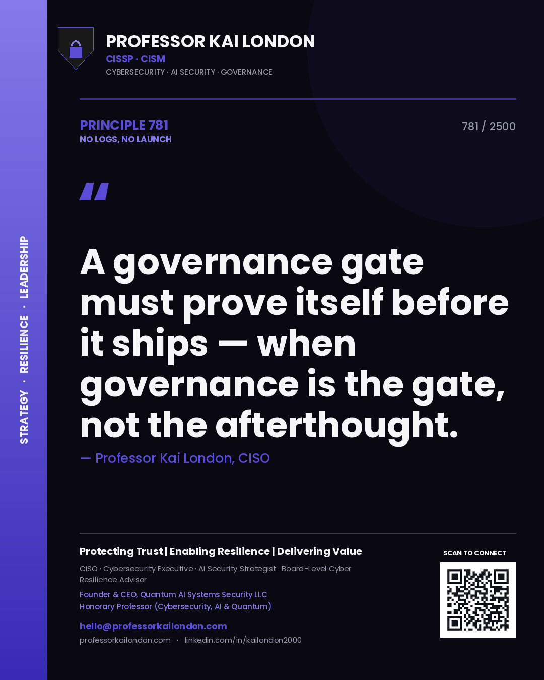 Quote card by Professor Kai London reading 'A governance gate must prove itself before it ships — when governance is the gate, not the afterthought.'. From the book No Logs, No Launch.