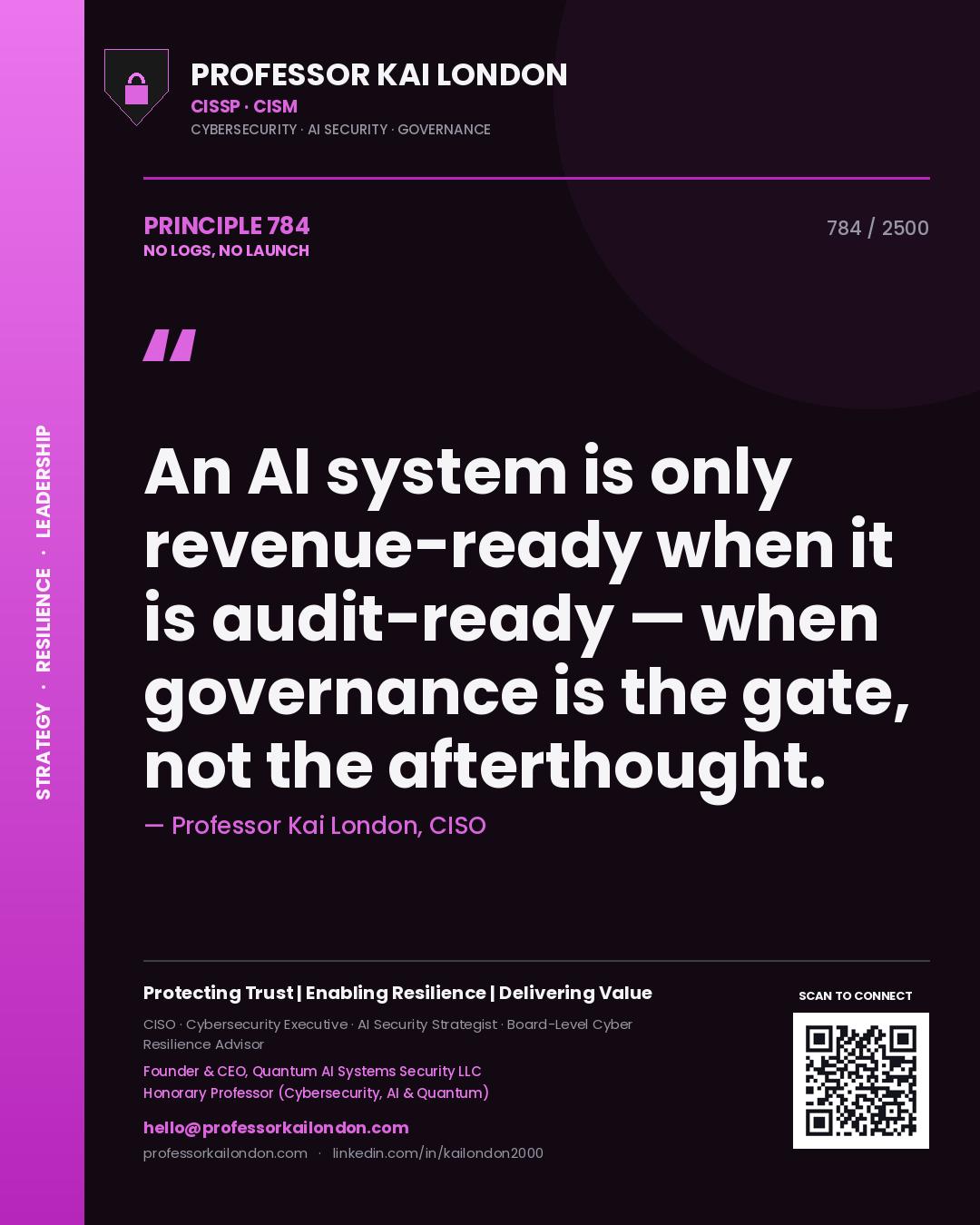 Professor Kai London principle 784: An AI system is only revenue-ready when it is audit-ready — when governance is the gate, not the afterthought.