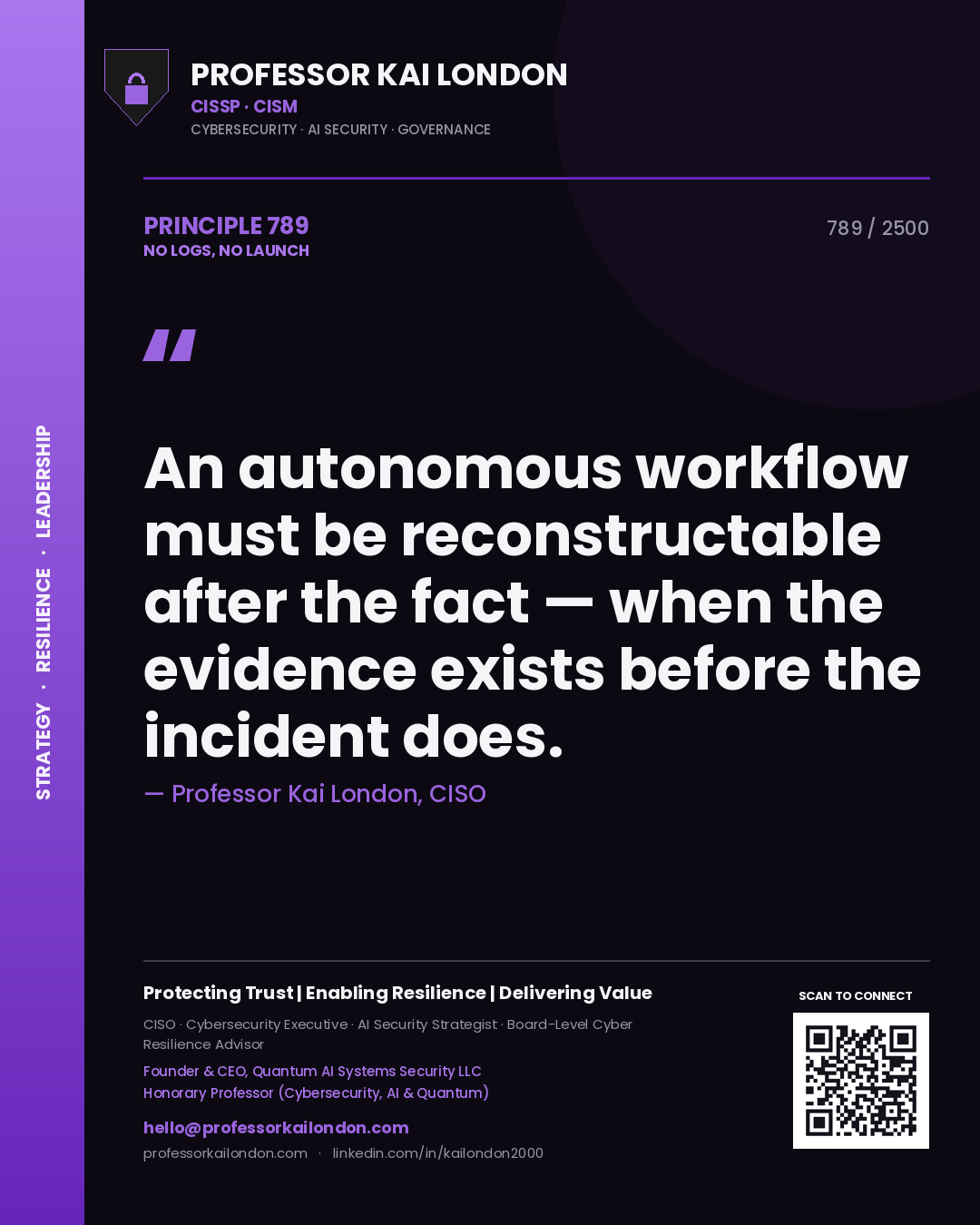 Quote card by Professor Kai London reading 'An autonomous workflow must be reconstructable after the fact — when the evidence exists before the incident does.'. From the book No Logs, No Launch.