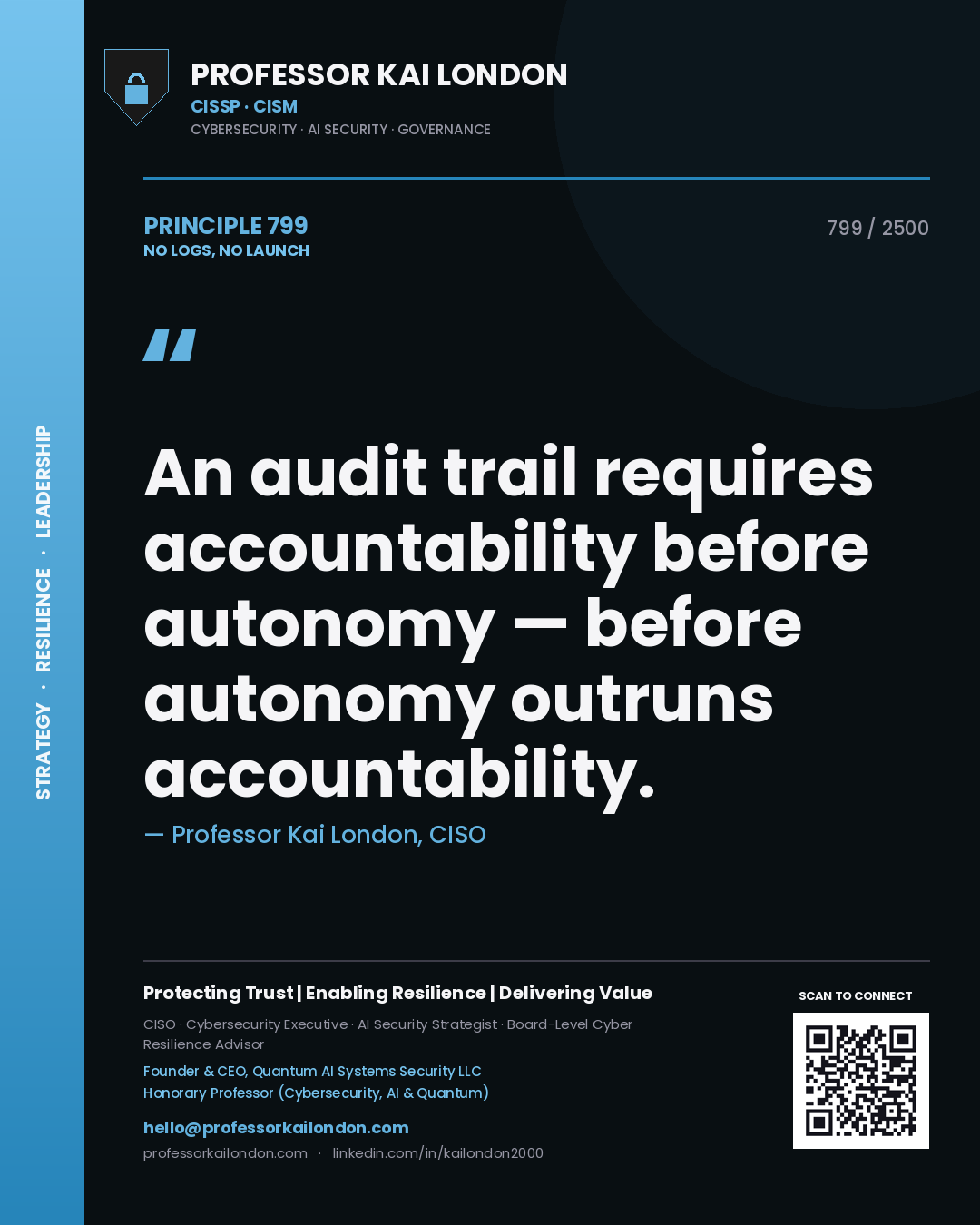 Professor Kai London principle 799: An audit trail requires accountability before autonomy — before autonomy outruns accountability.