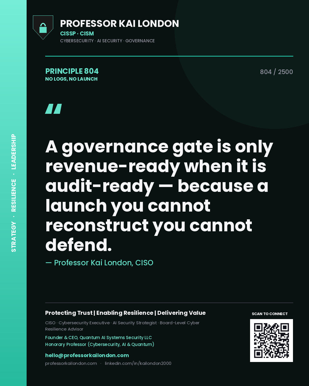 Professor Kai London principle 804: A governance gate is only revenue-ready when it is audit-ready — because a launch you cannot reconstruct you cannot defend.
