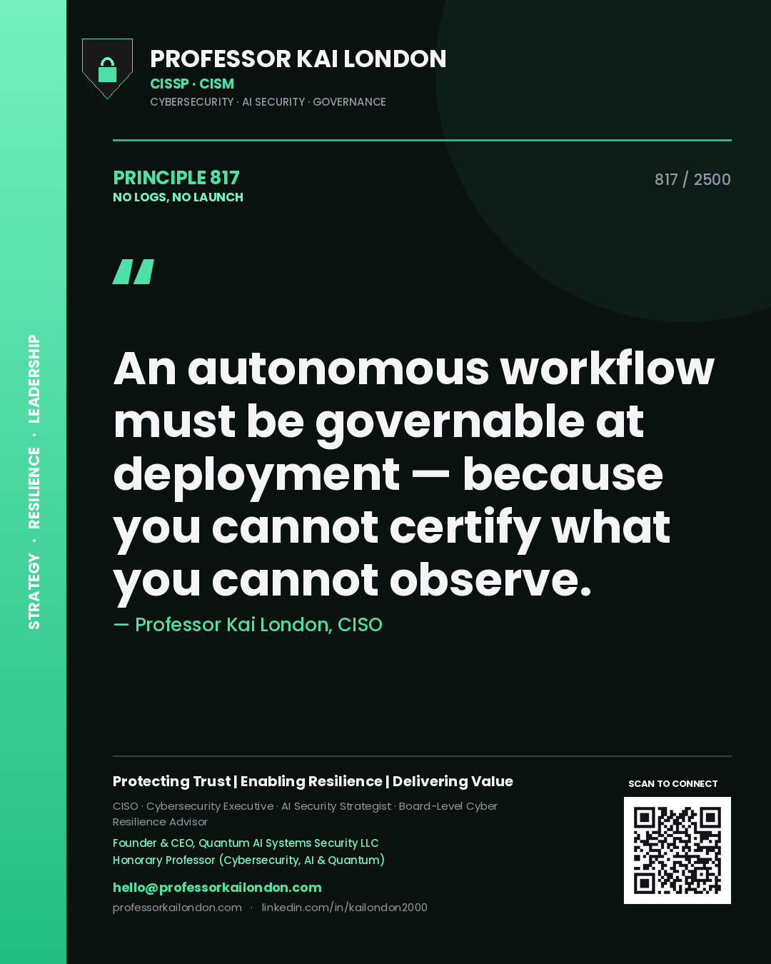 Quote card by Professor Kai London reading 'An autonomous workflow must be governable at deployment — because you cannot certify what you cannot observe.'. From the book No Logs, No Launch.