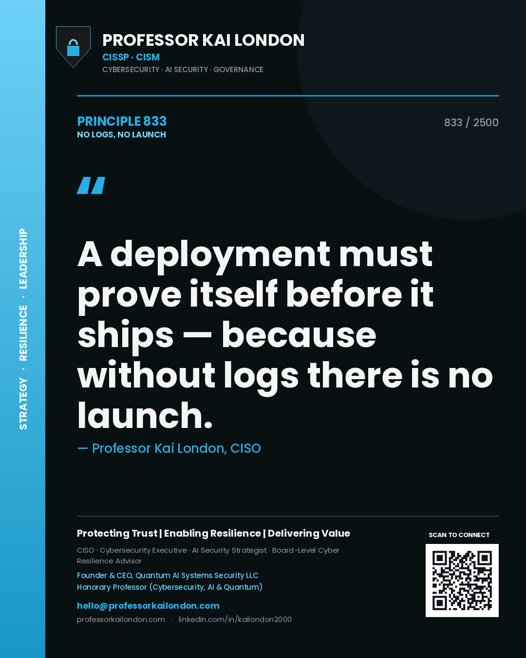 Quote card by Professor Kai London reading 'A deployment must prove itself before it ships — because without logs there is no launch.'. From the book No Logs, No Launch.