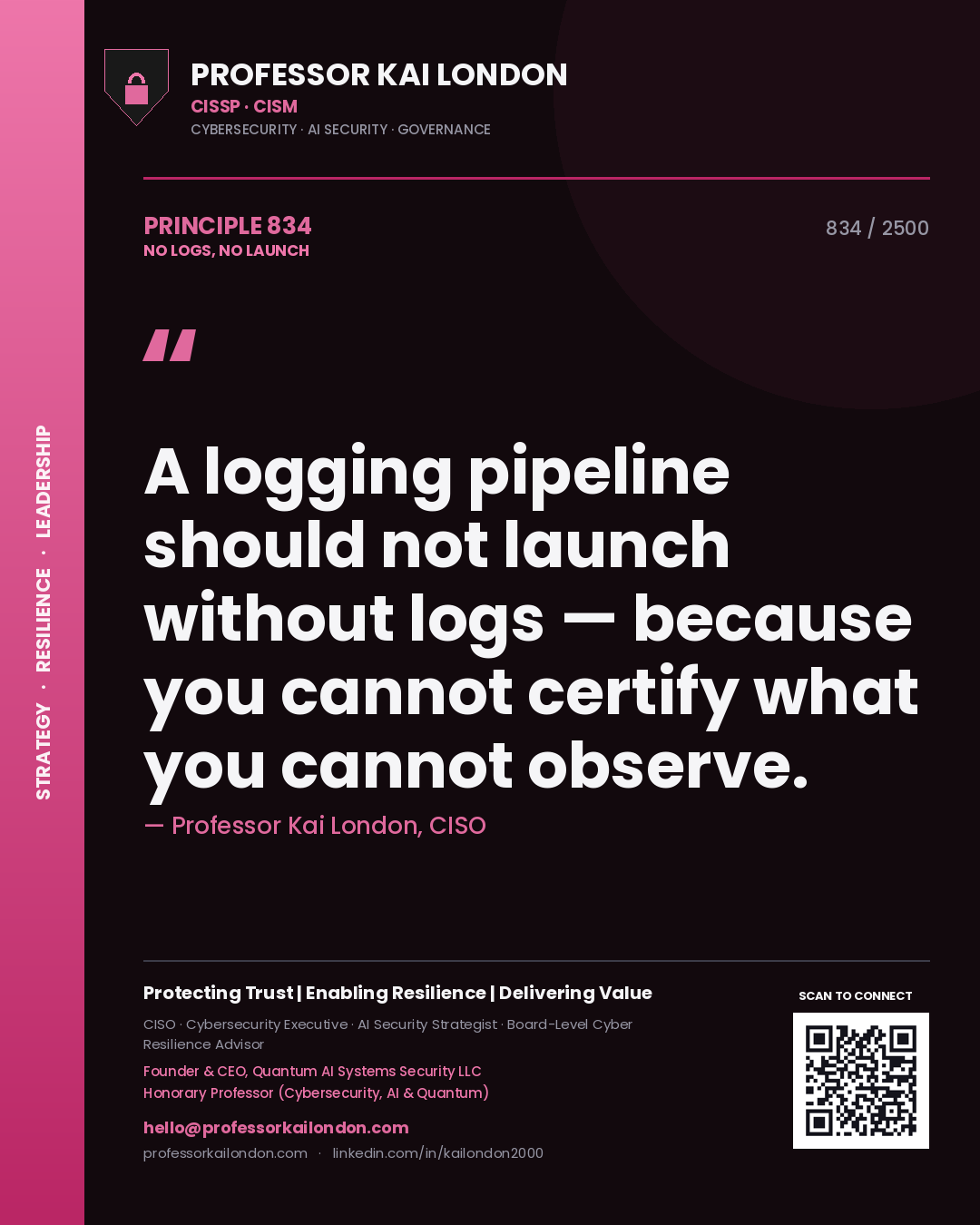 Quote card by Professor Kai London reading 'A logging pipeline should not launch without logs — because you cannot certify what you cannot observe.'. From the book No Logs, No Launch.