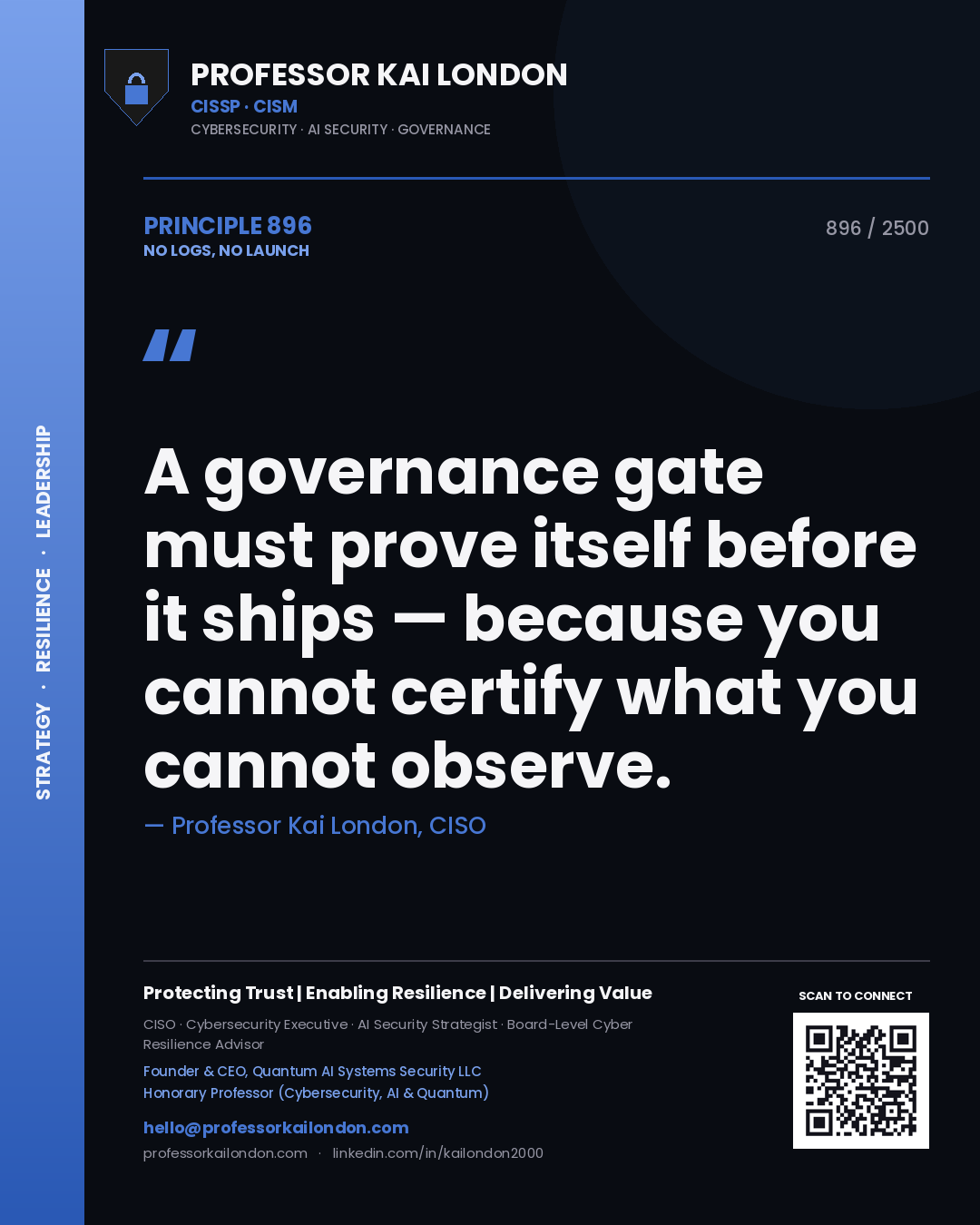 Professor Kai London principle 896: A governance gate must prove itself before it ships — because you cannot certify what you cannot observe.