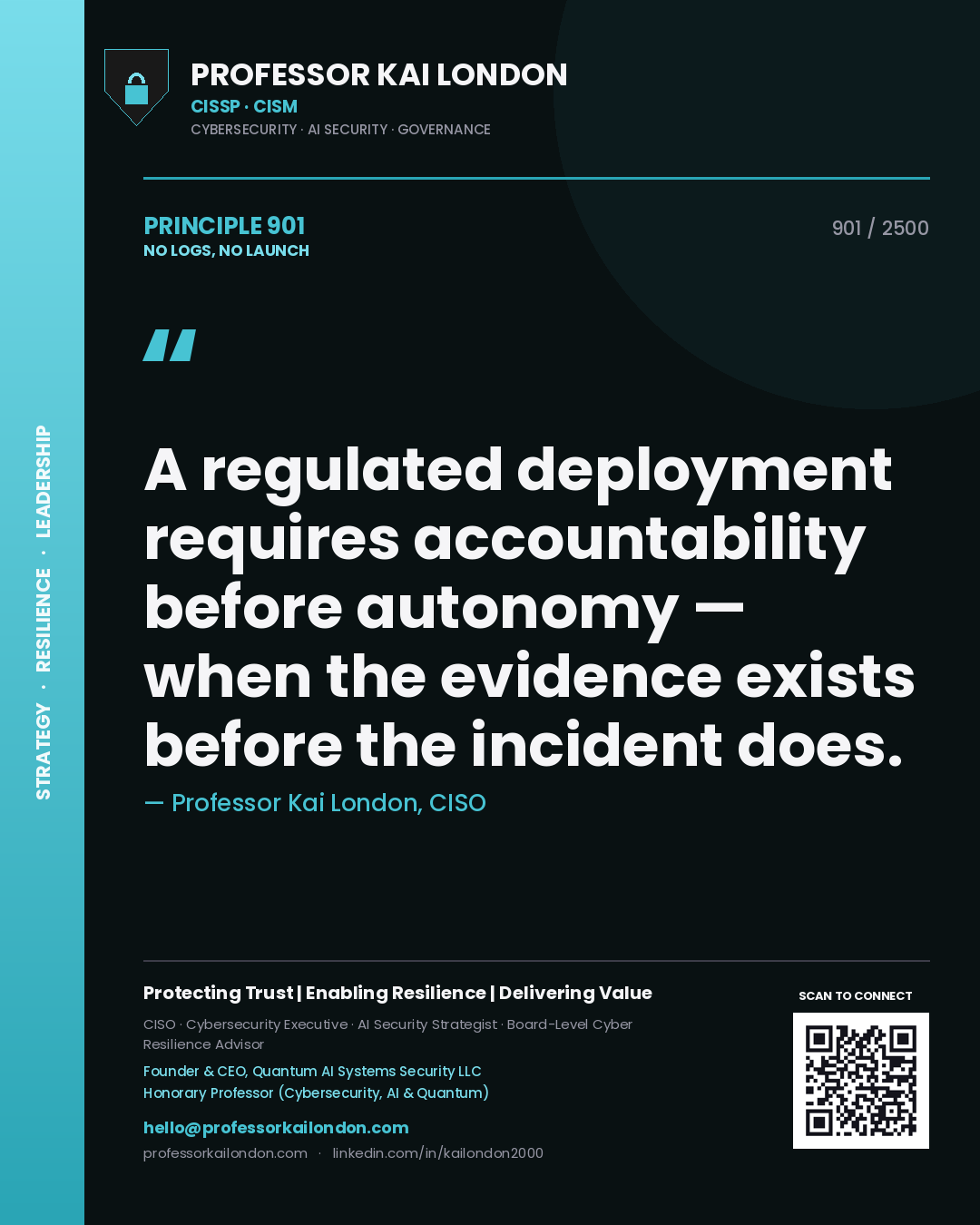 Professor Kai London principle 901: A regulated deployment requires accountability before autonomy — when the evidence exists before the incident does.