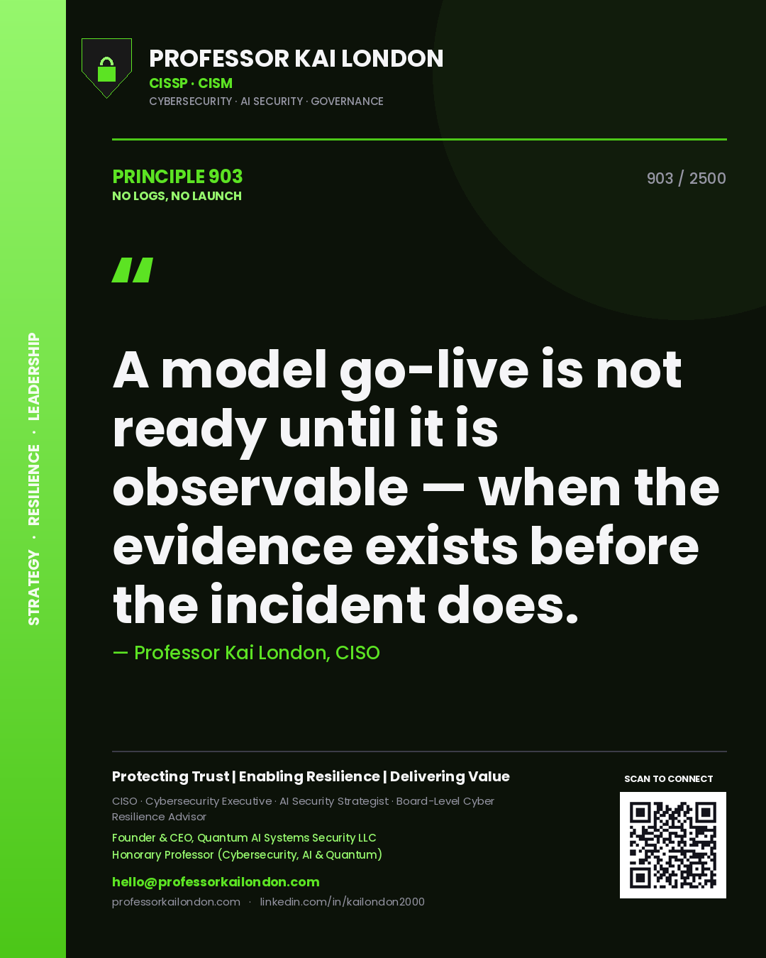 Professor Kai London principle 903: A model go-live is not ready until it is observable — when the evidence exists before the incident does.