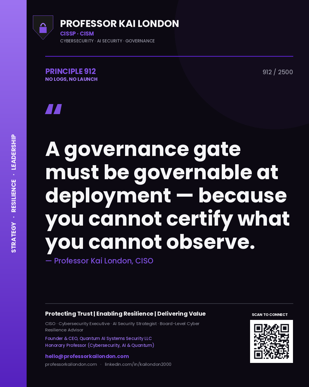 Quote card by Professor Kai London reading 'A governance gate must be governable at deployment — because you cannot certify what you cannot observe.'. From the book No Logs, No Launch.