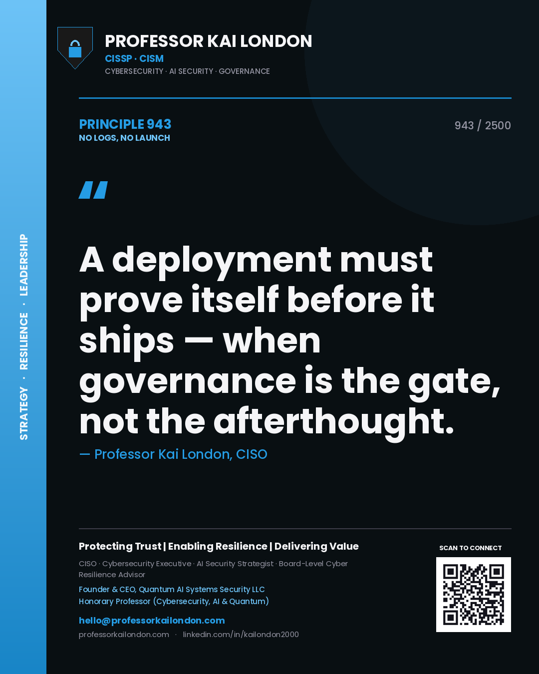 Professor Kai London principle 943: A deployment must prove itself before it ships — when governance is the gate, not the afterthought.