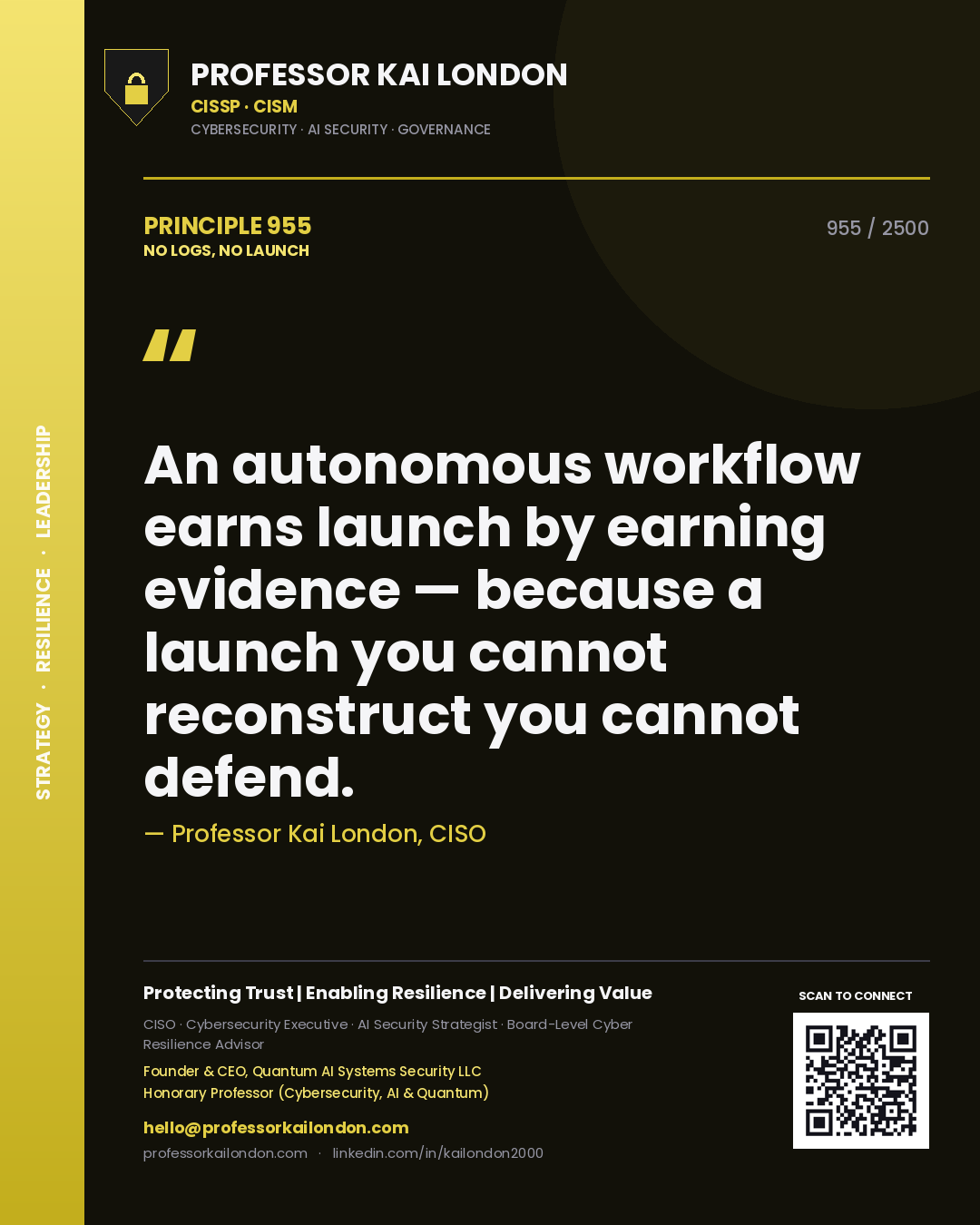 Professor Kai London principle 955: An autonomous workflow earns launch by earning evidence — because a launch you cannot reconstruct you cannot defend.
