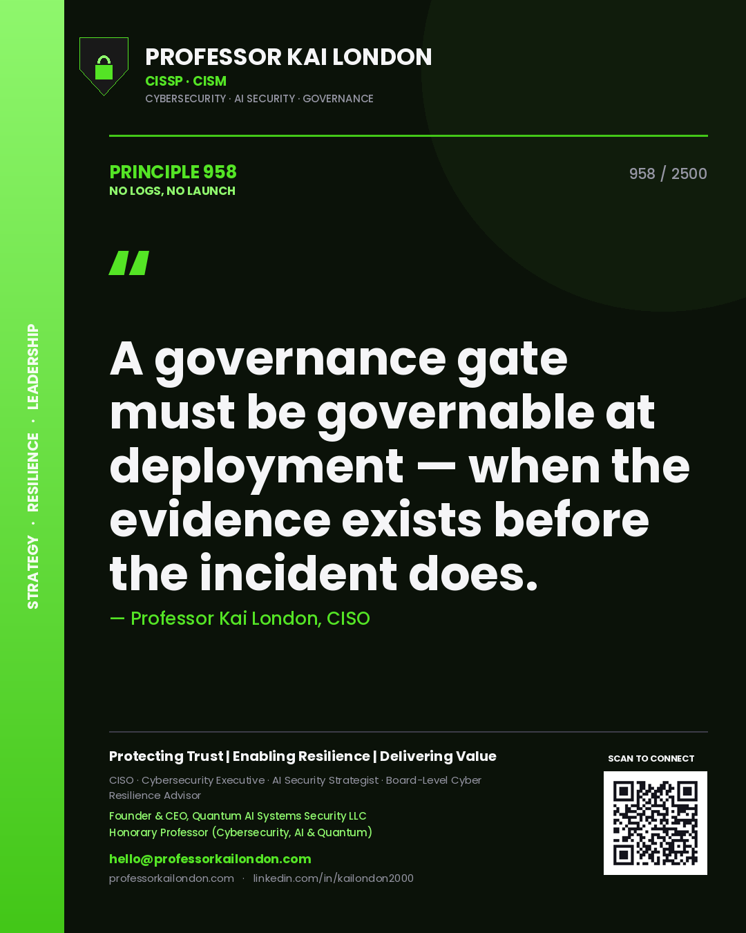 Quote card by Professor Kai London reading 'A governance gate must be governable at deployment — when the evidence exists before the incident does.'. From the book No Logs, No Launch.