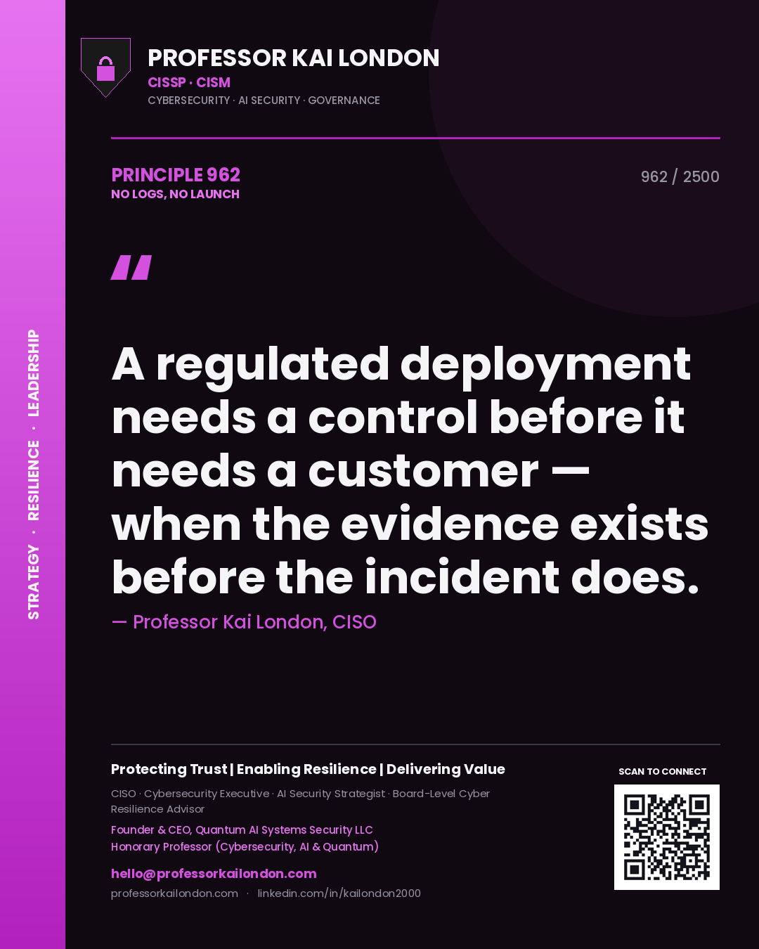 Professor Kai London principle 962: A regulated deployment needs a control before it needs a customer — when the evidence exists before the incident does.