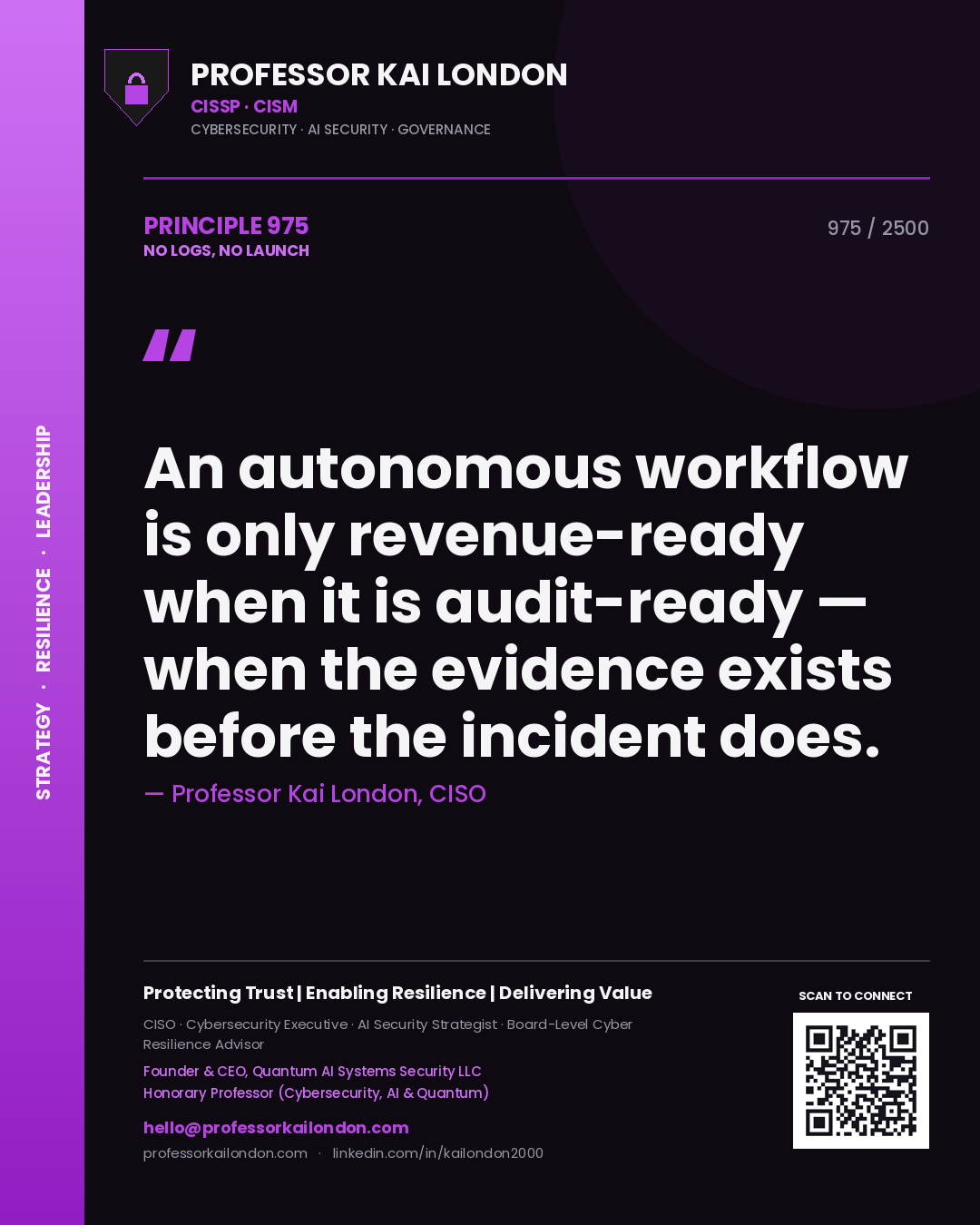 Professor Kai London principle 975: An autonomous workflow is only revenue-ready when it is audit-ready — when the evidence exists before the incident does.