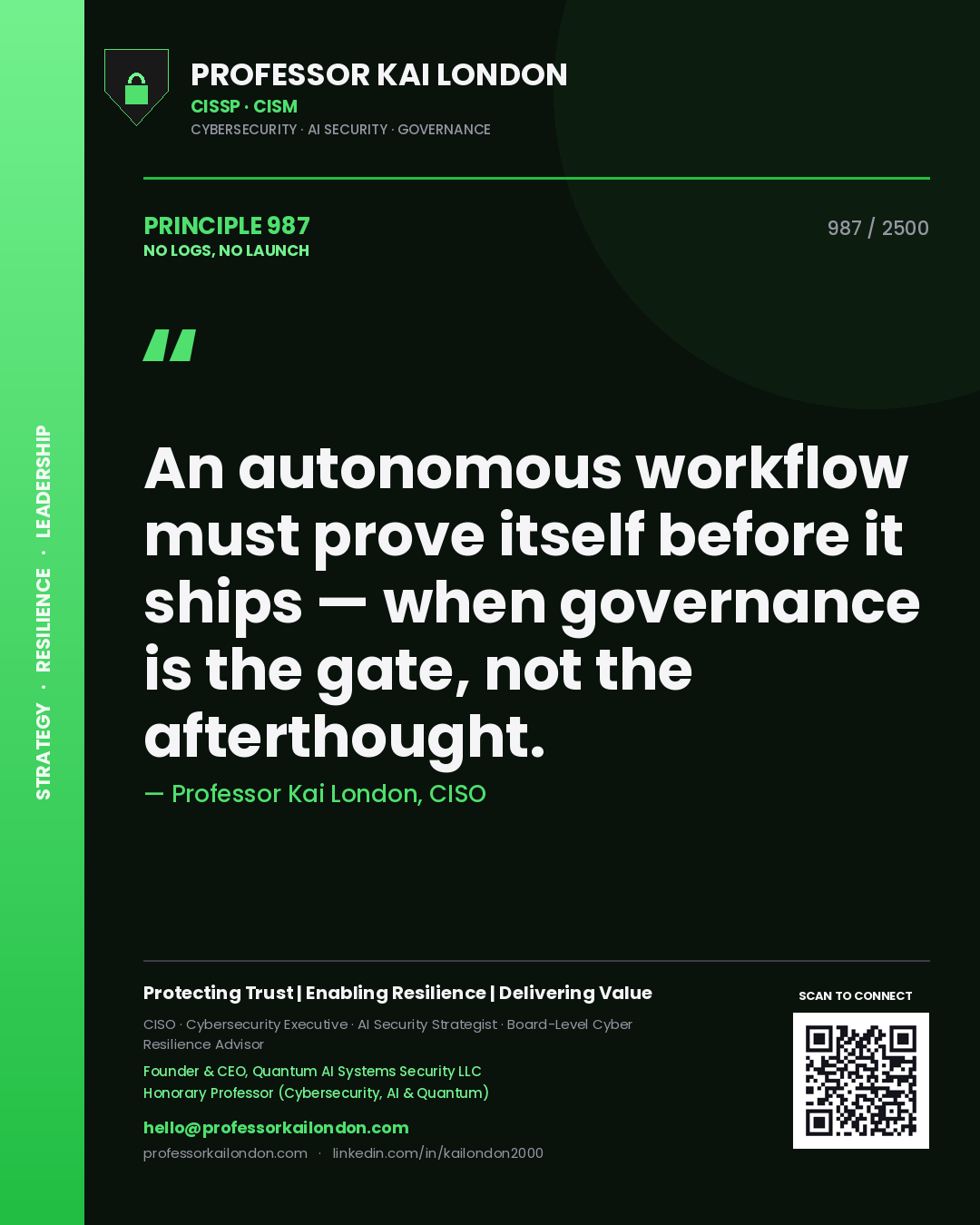 Quote card by Professor Kai London reading 'An autonomous workflow must prove itself before it ships — when governance is the gate, not the afterthought.'. From the book No Logs, No Launch.