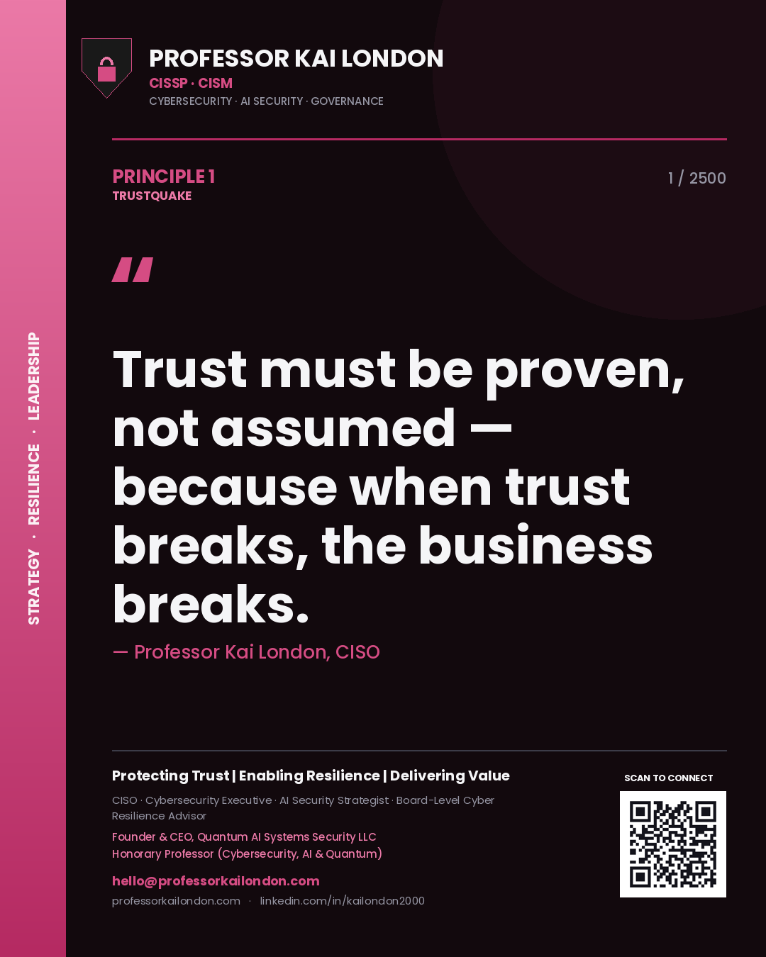 Quote card by Professor Kai London reading 'Trust must be proven, not assumed — because when trust breaks, the business breaks.'. From the book Trustquake.