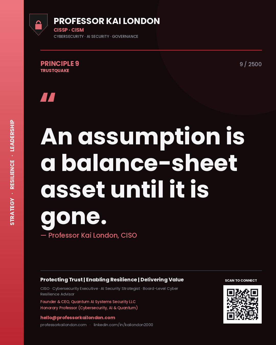 Quote card by Professor Kai London reading 'An assumption is a balance-sheet asset until it is gone.'. From the book Trustquake.