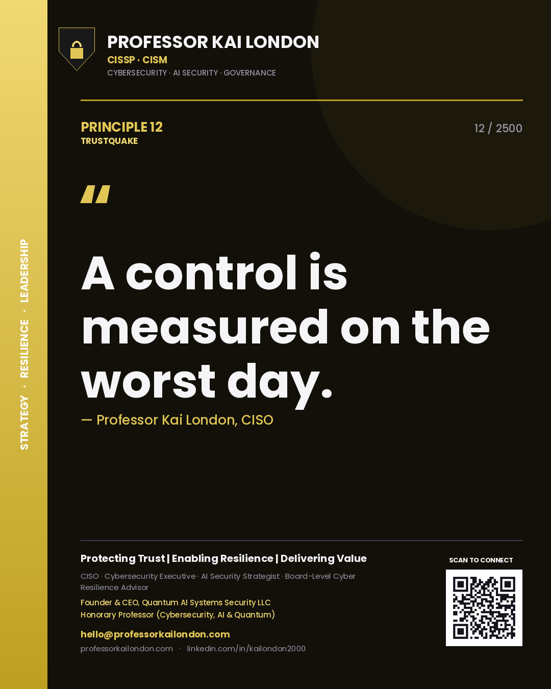 Quote card by Professor Kai London reading 'A control is measured on the worst day.'. From the book Trustquake.
