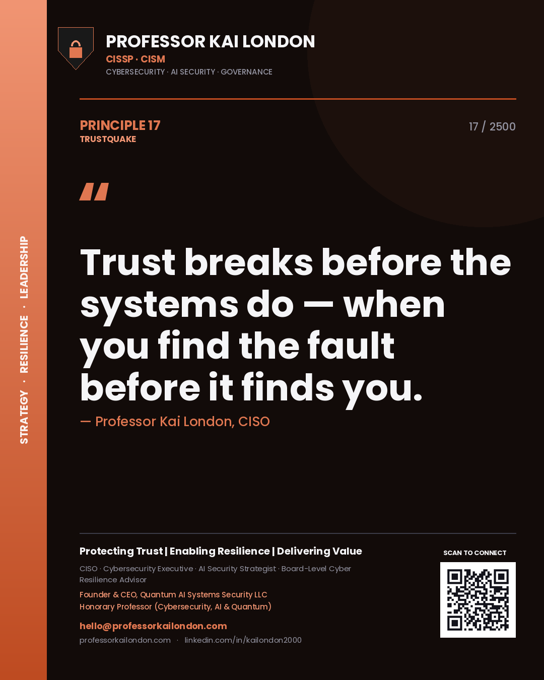 Quote card by Professor Kai London reading 'Trust breaks before the systems do — when you find the fault before it finds you.'. From the book Trustquake.