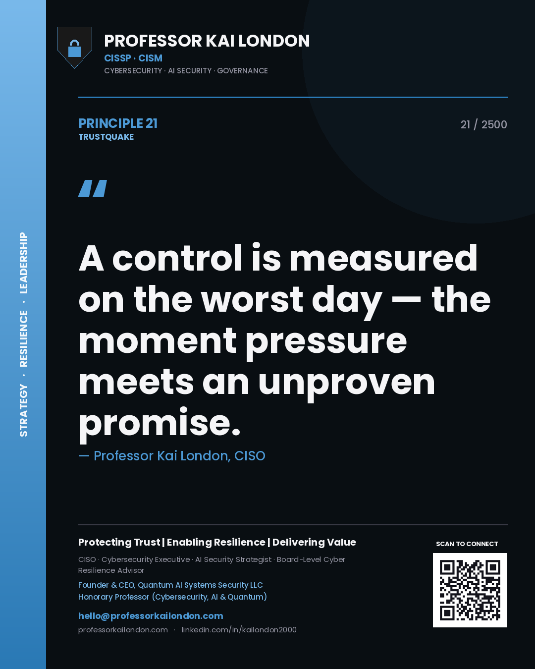Quote card by Professor Kai London reading 'A control is measured on the worst day — the moment pressure meets an unproven promise.'. From the book Trustquake.